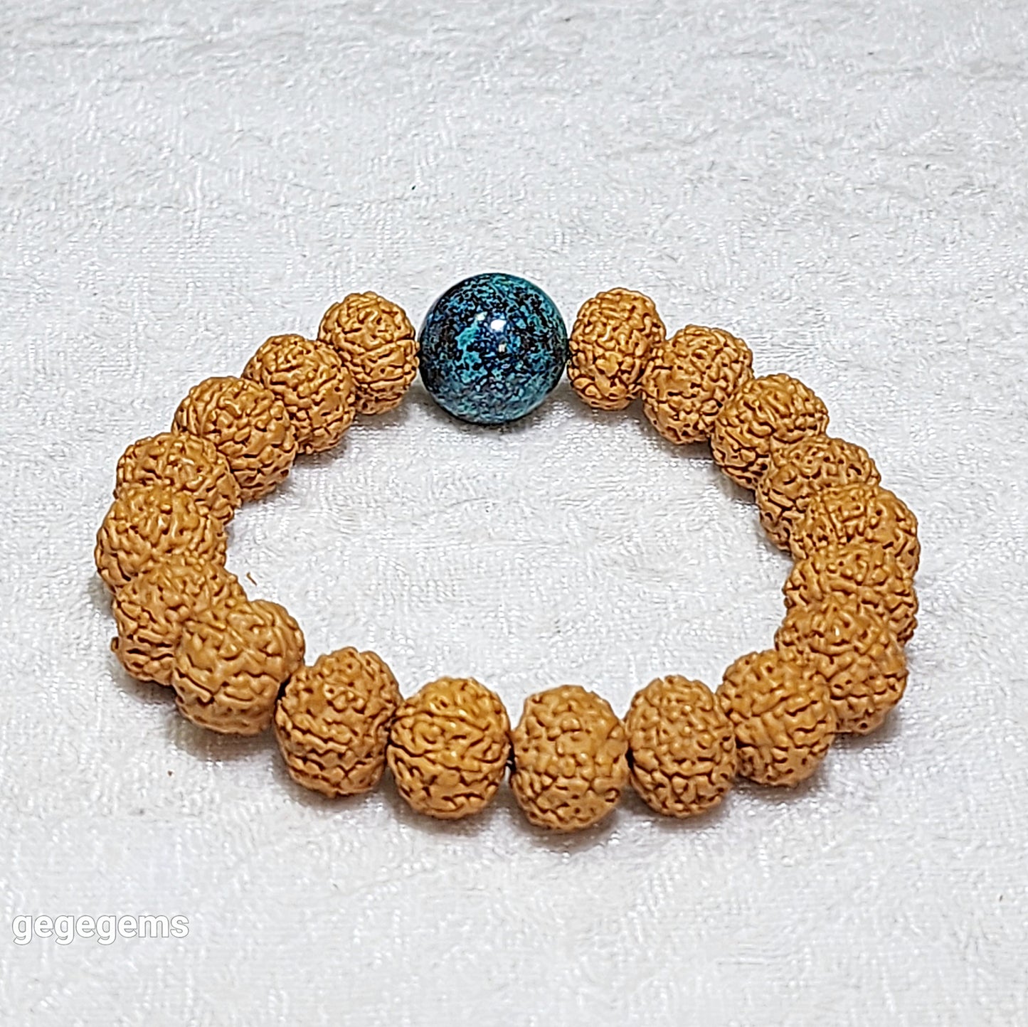 12.5mm+ premium natural "Panlong" (Coiling Dragon) 7 Mukhi (faces) small species Rudraksha with a 16.2mm Chrysocolla bracelet 七瓣盘龙小金刚菩提子配凤凰松石(硅孔雀石)手链