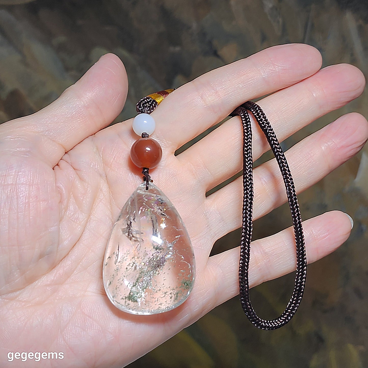 38.5 grams Green Phantom Quartz pendant / handheld Icy transparent with layers of "mountains" & a lot of rainbow reflections 透体多层绿幽灵满彩虹吊坠/手把