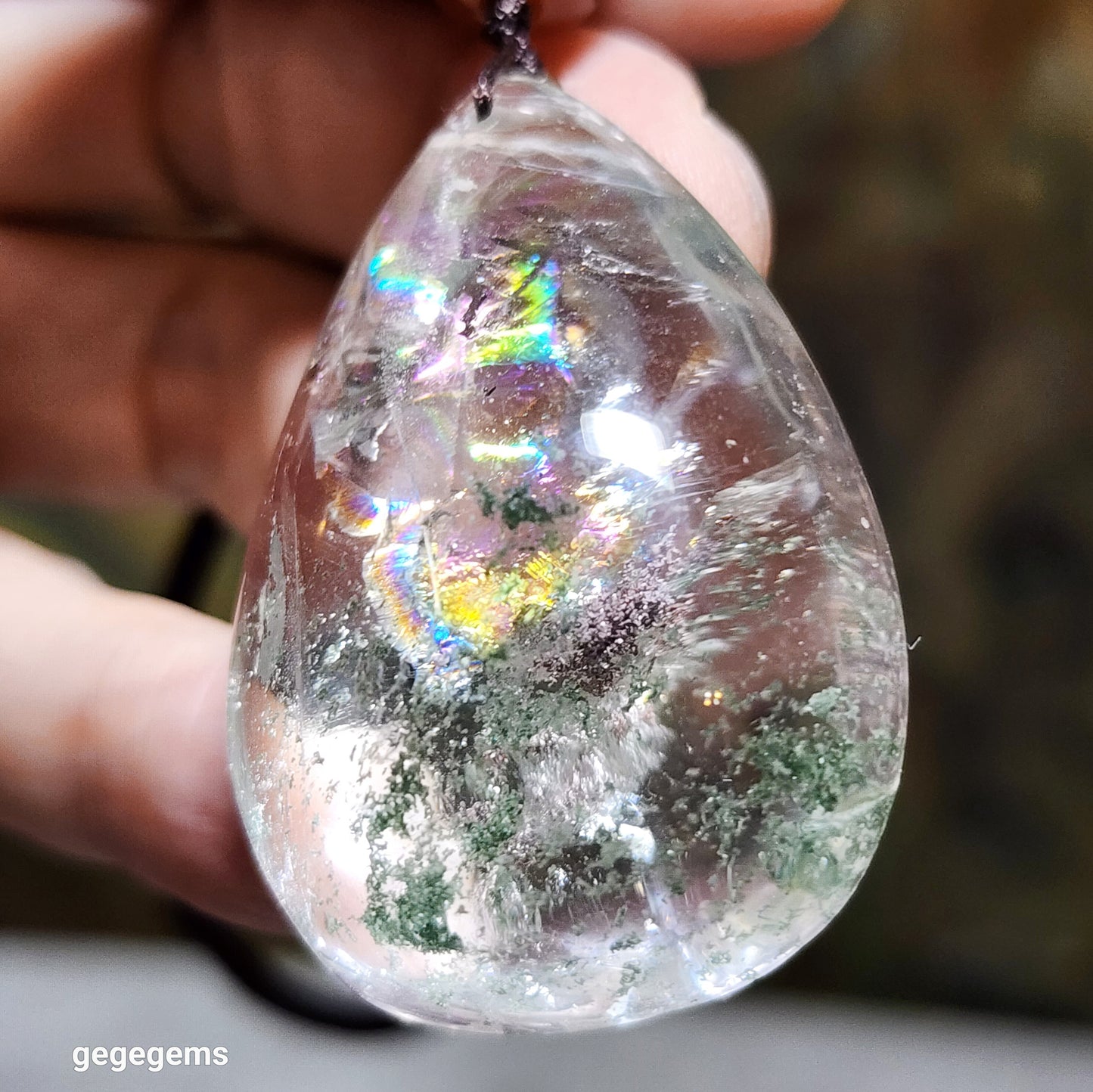38.5 grams Green Phantom Quartz pendant / handheld Icy transparent with layers of "mountains" & a lot of rainbow reflections 透体多层绿幽灵满彩虹吊坠/手把