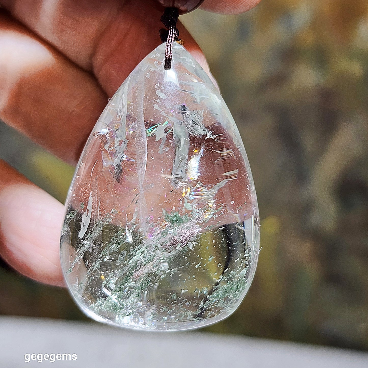 38.5 grams Green Phantom Quartz pendant / handheld Icy transparent with layers of "mountains" & a lot of rainbow reflections 透体多层绿幽灵满彩虹吊坠/手把
