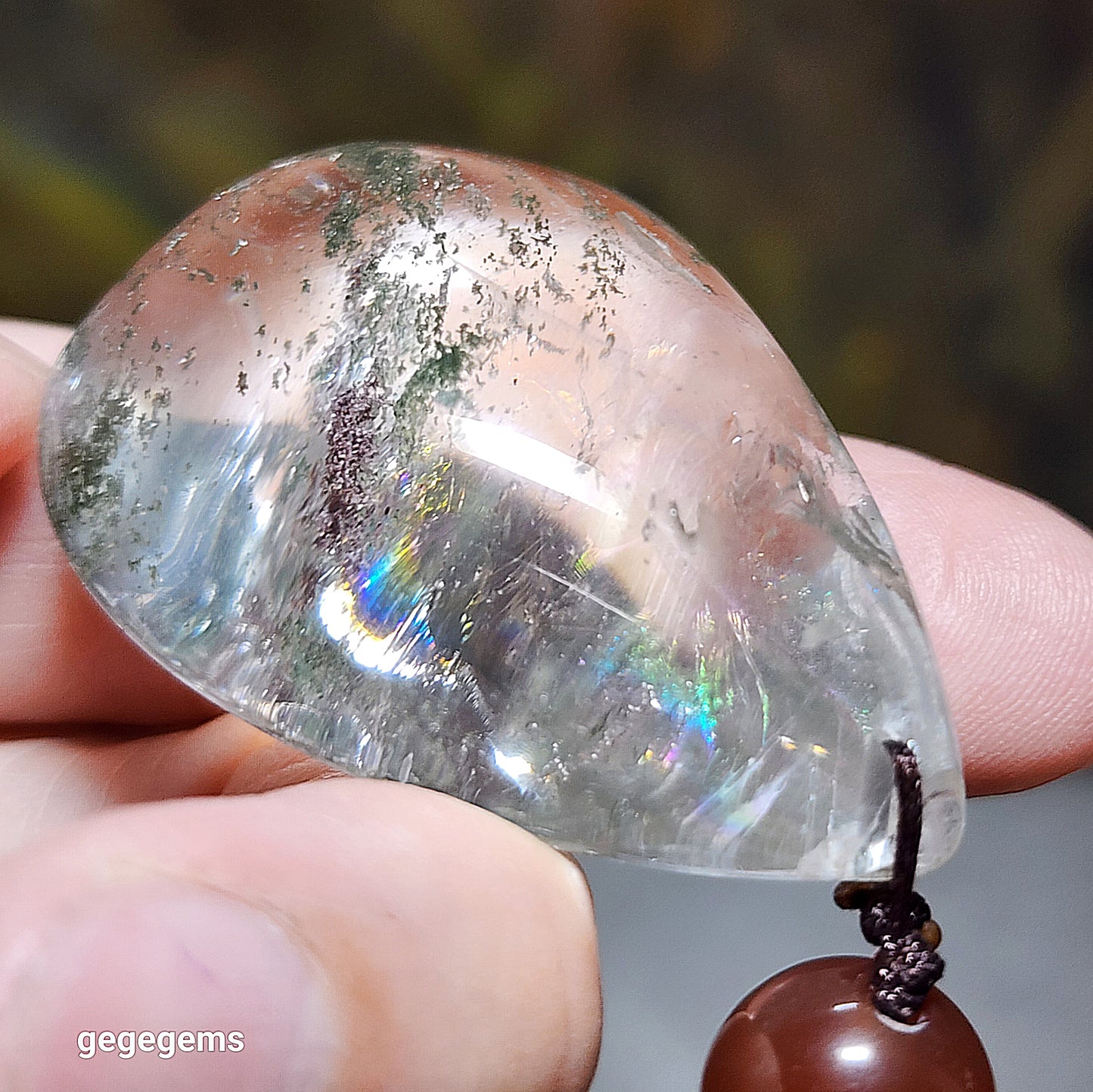38.5 grams Green Phantom Quartz pendant / handheld Icy transparent with layers of "mountains" & a lot of rainbow reflections 透体多层绿幽灵满彩虹吊坠/手把