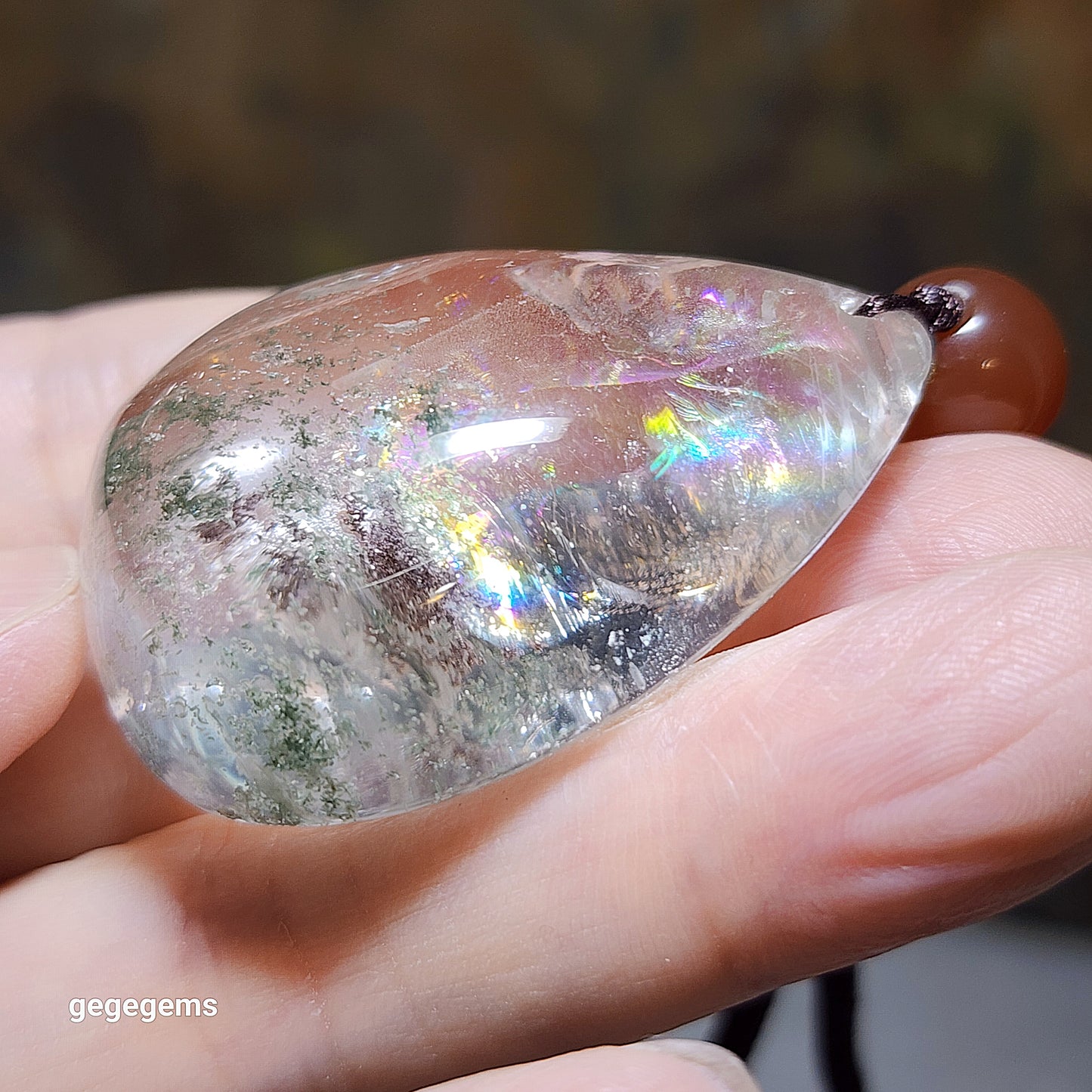 38.5 grams Green Phantom Quartz pendant / handheld Icy transparent with layers of "mountains" & a lot of rainbow reflections 透体多层绿幽灵满彩虹吊坠/手把