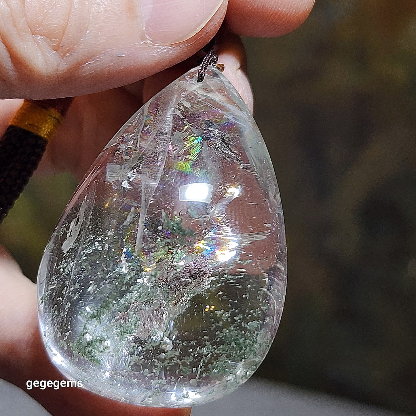 38.5 grams Green Phantom Quartz pendant / handheld Icy transparent with layers of "mountains" & a lot of rainbow reflections 透体多层绿幽灵满彩虹吊坠/手把