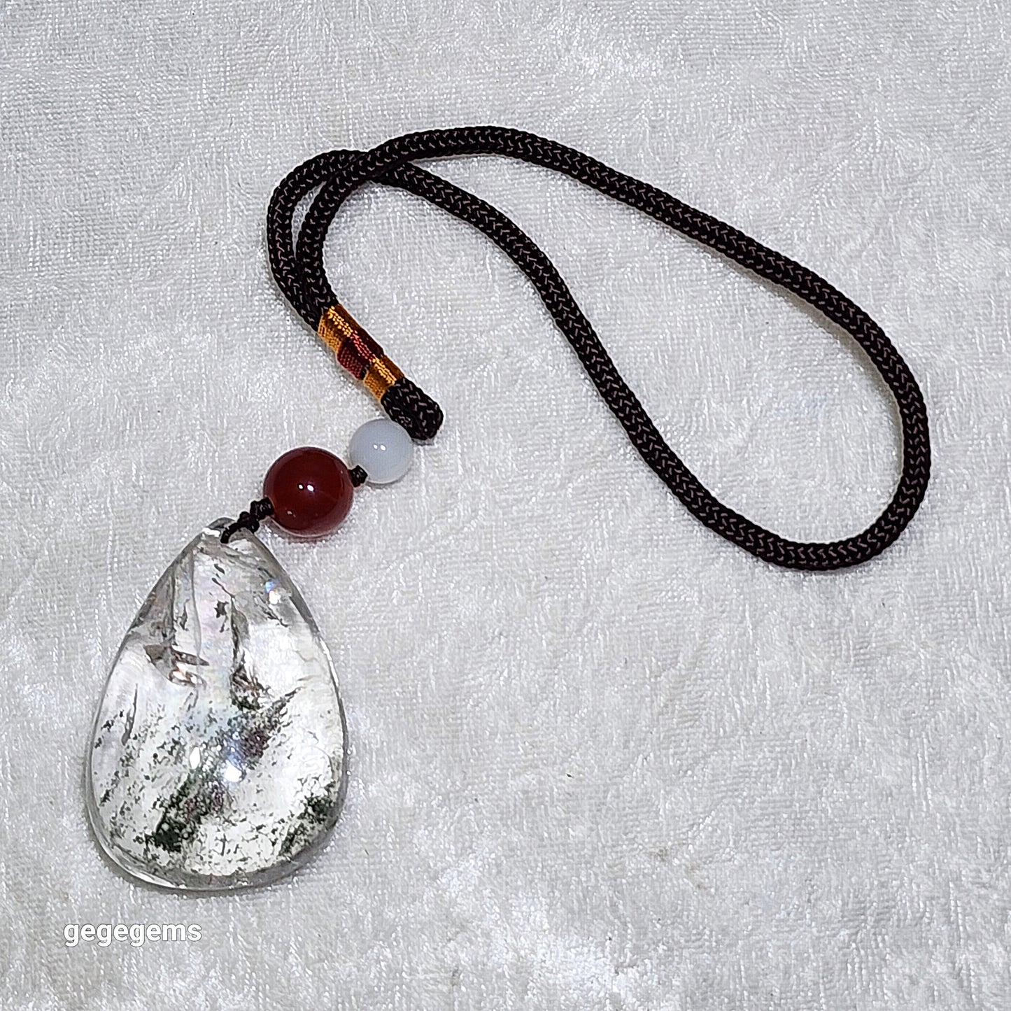 38.5 grams Green Phantom Quartz pendant / handheld Icy transparent with layers of "mountains" & a lot of rainbow reflections 透体多层绿幽灵满彩虹吊坠/手把