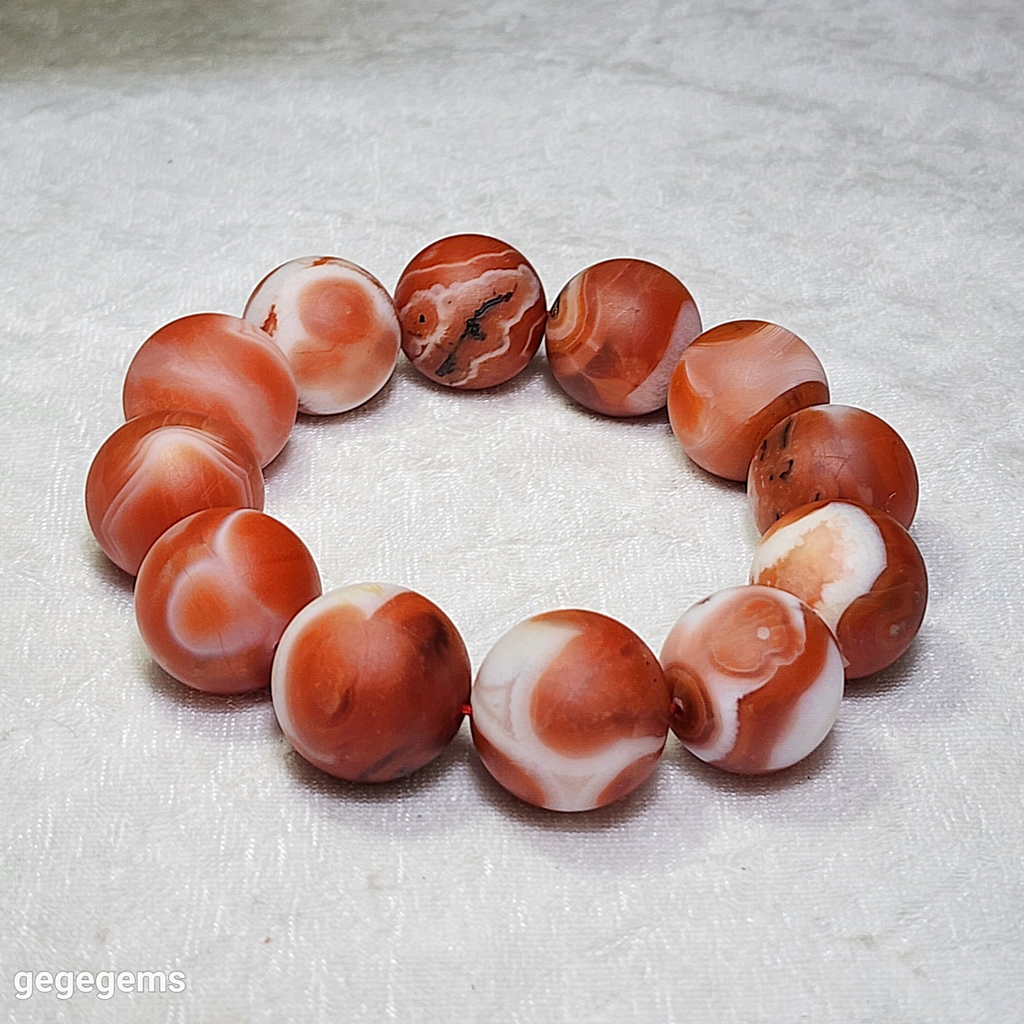 Rare 20mm Premium Baoshan Nan Hong red & white with some "skin" bracelet 罕见大尺寸135克保山南红红白带小许铁皮手链