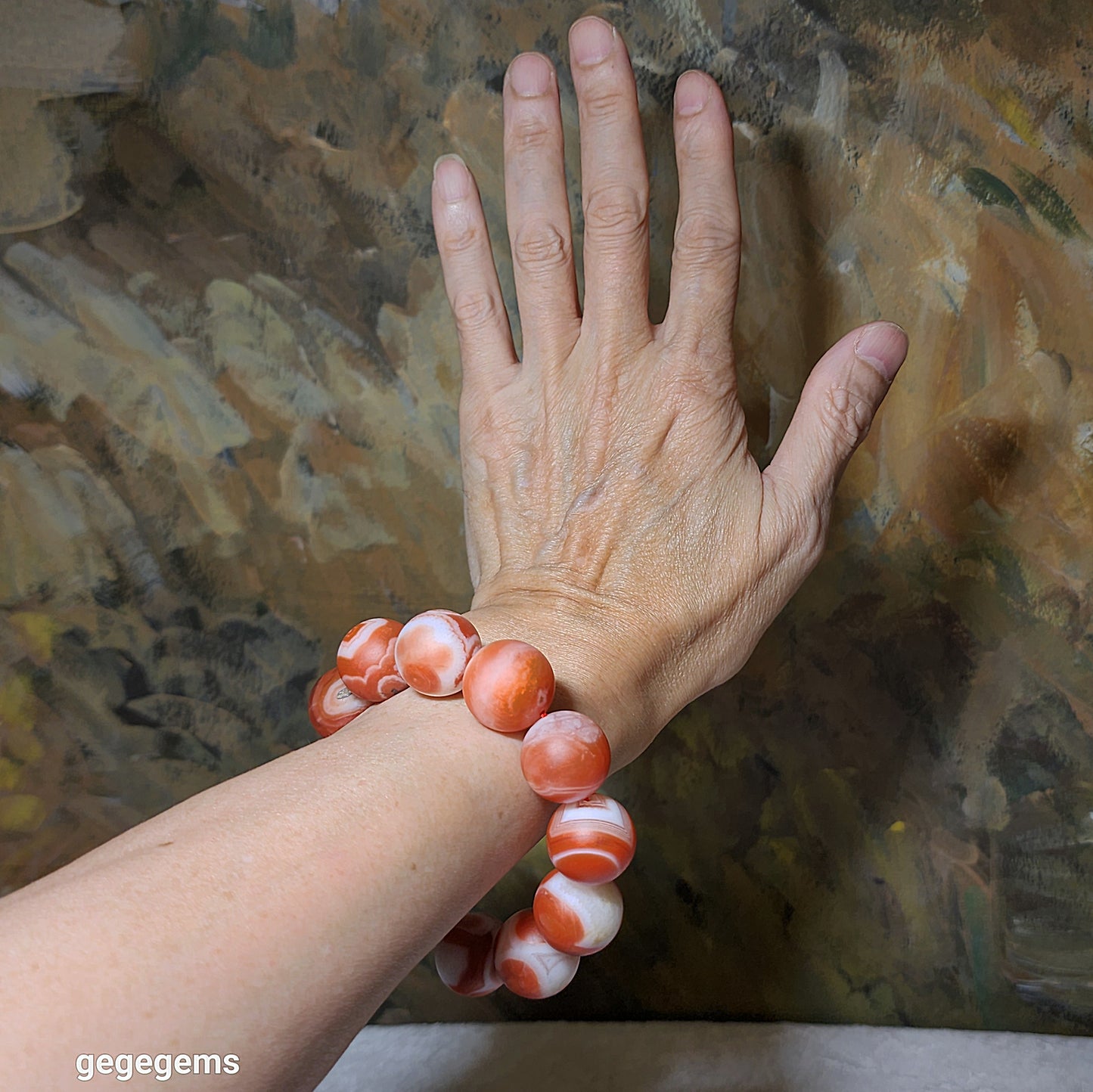 Rare 20mm Premium Baoshan Nan Hong red & white with some "skin" bracelet 罕见大尺寸135克保山南红红白带小许铁皮手链