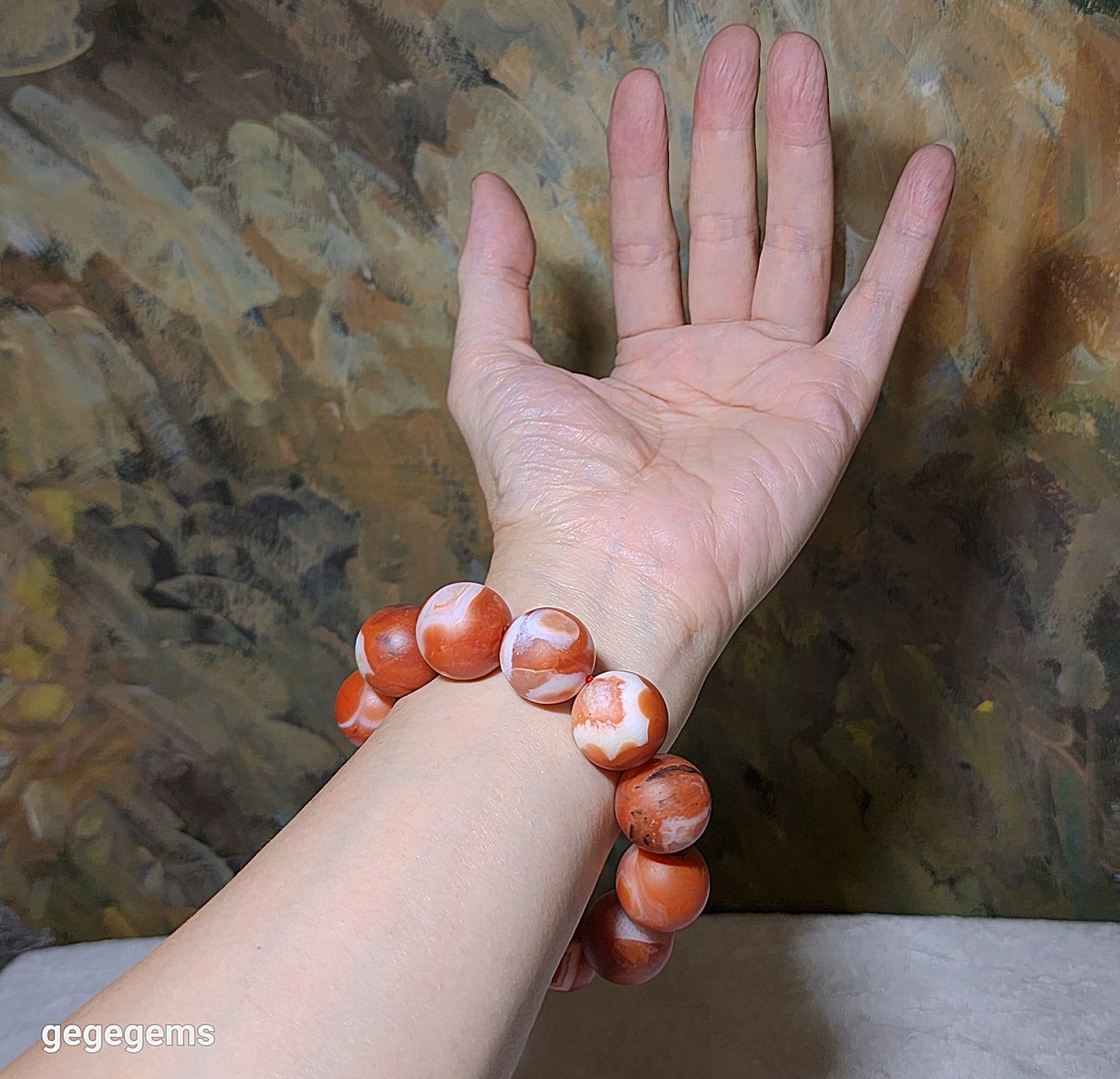 Rare 20mm Premium Baoshan Nan Hong red & white with some "skin" bracelet 罕见大尺寸135克保山南红红白带小许铁皮手链