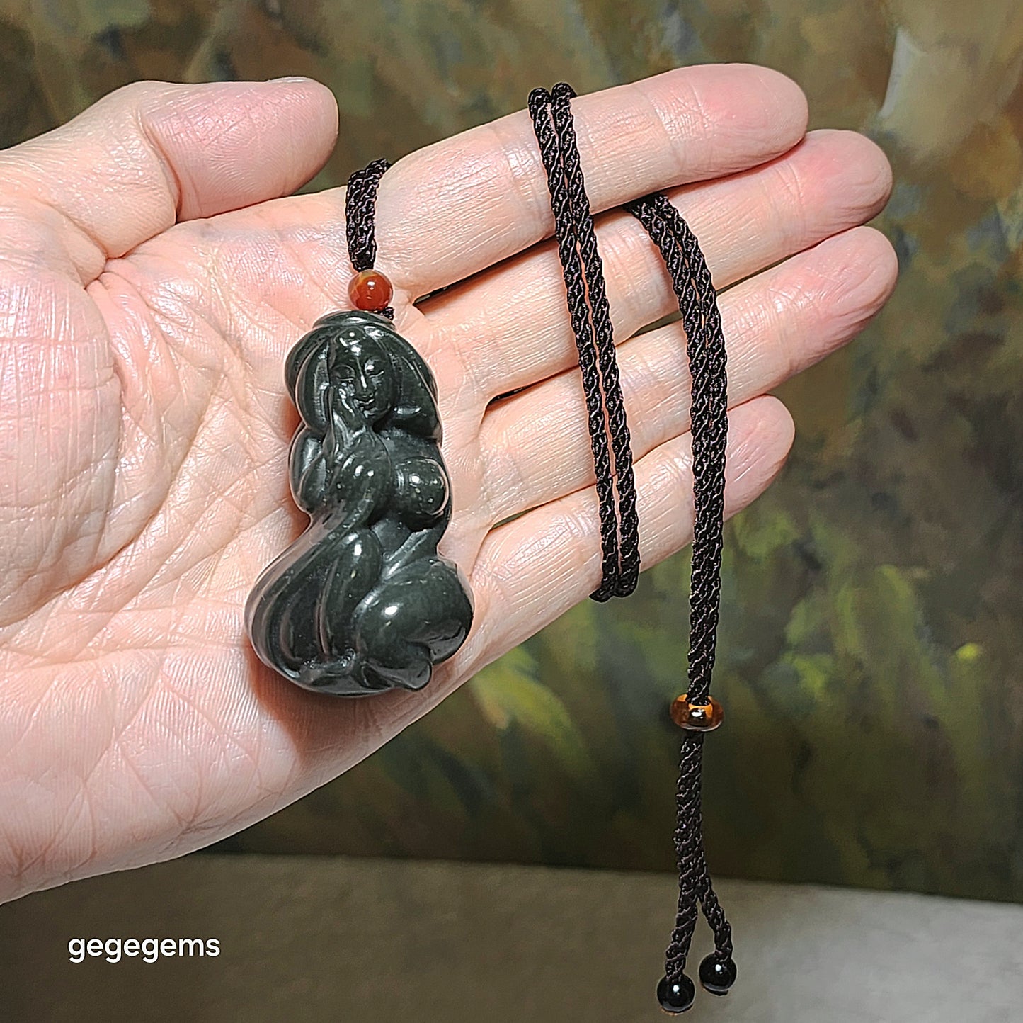 Premium Nephrite deep olive green 3 dimensional "Getting One's Savior" pendant (with certificate) 和田玉塔青深绿立体遇贵人吊坠(带证书)