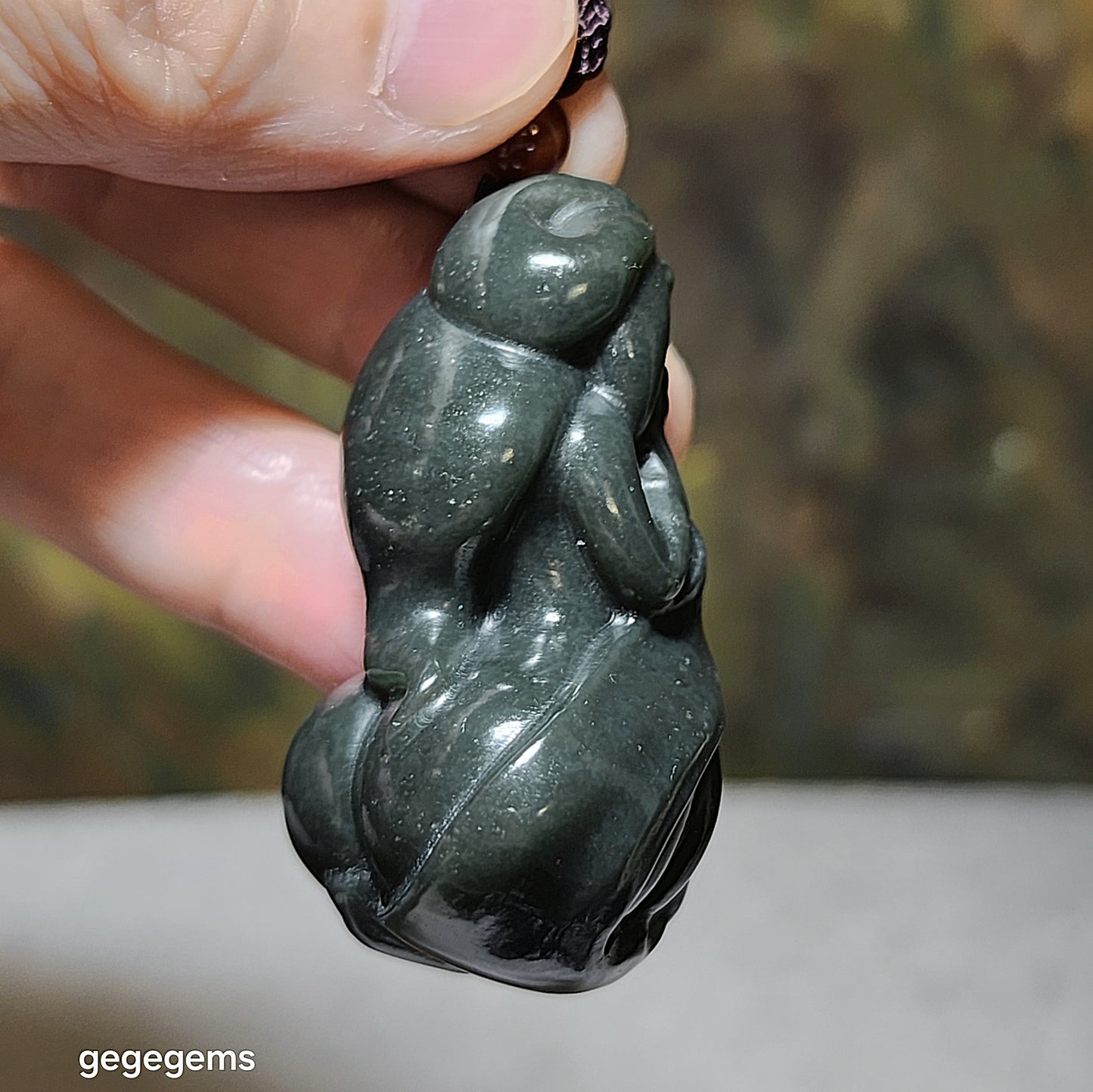 Premium Nephrite deep olive green 3 dimensional "Getting One's Savior" pendant (with certificate) 和田玉塔青深绿立体遇贵人吊坠(带证书)