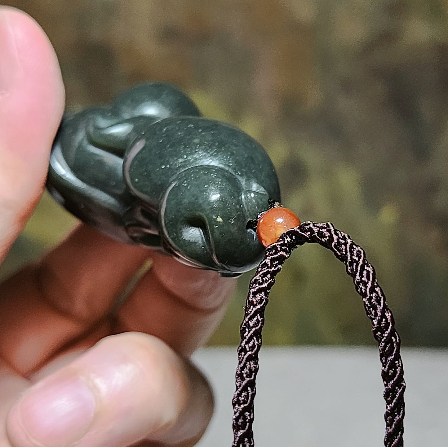 Premium Nephrite deep olive green 3 dimensional "Getting One's Savior" pendant (with certificate) 和田玉塔青深绿立体遇贵人吊坠(带证书)