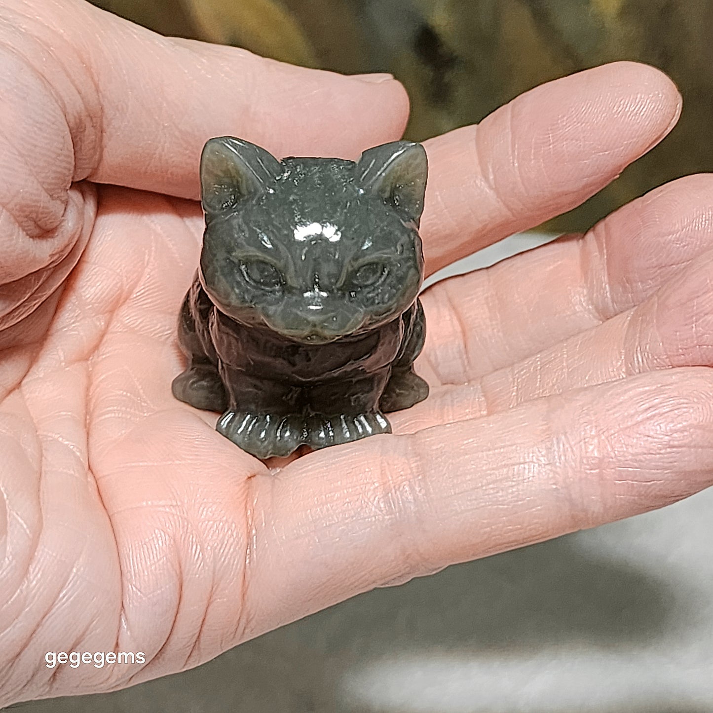 Premium Nephrite greenish caramel brown 3 dimensional Cat 和田玉且末糖青白立体小猫茶宠小摆件