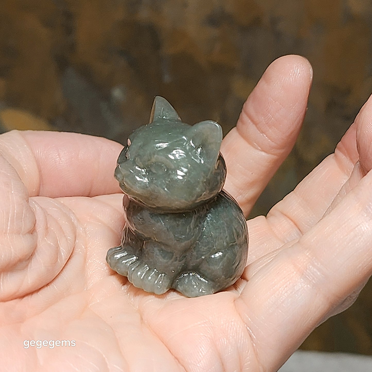 Premium Nephrite greenish caramel brown 3 dimensional Cat 和田玉且末糖青白立体小猫茶宠小摆件