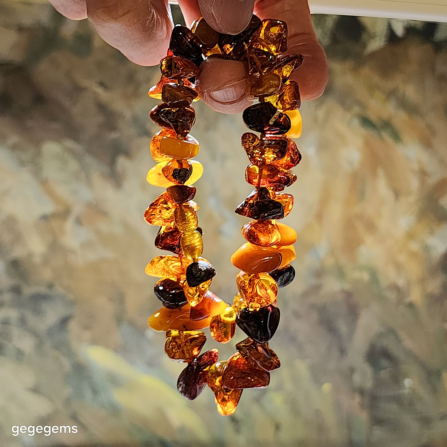 Gegegems Collection 39g premium Baltic wine red & golden yellow Amber and Butterscotch Amber freeform progressive size necklace 精品天然波罗的海酒紅金黄琥珀蜜蜡塔链項链