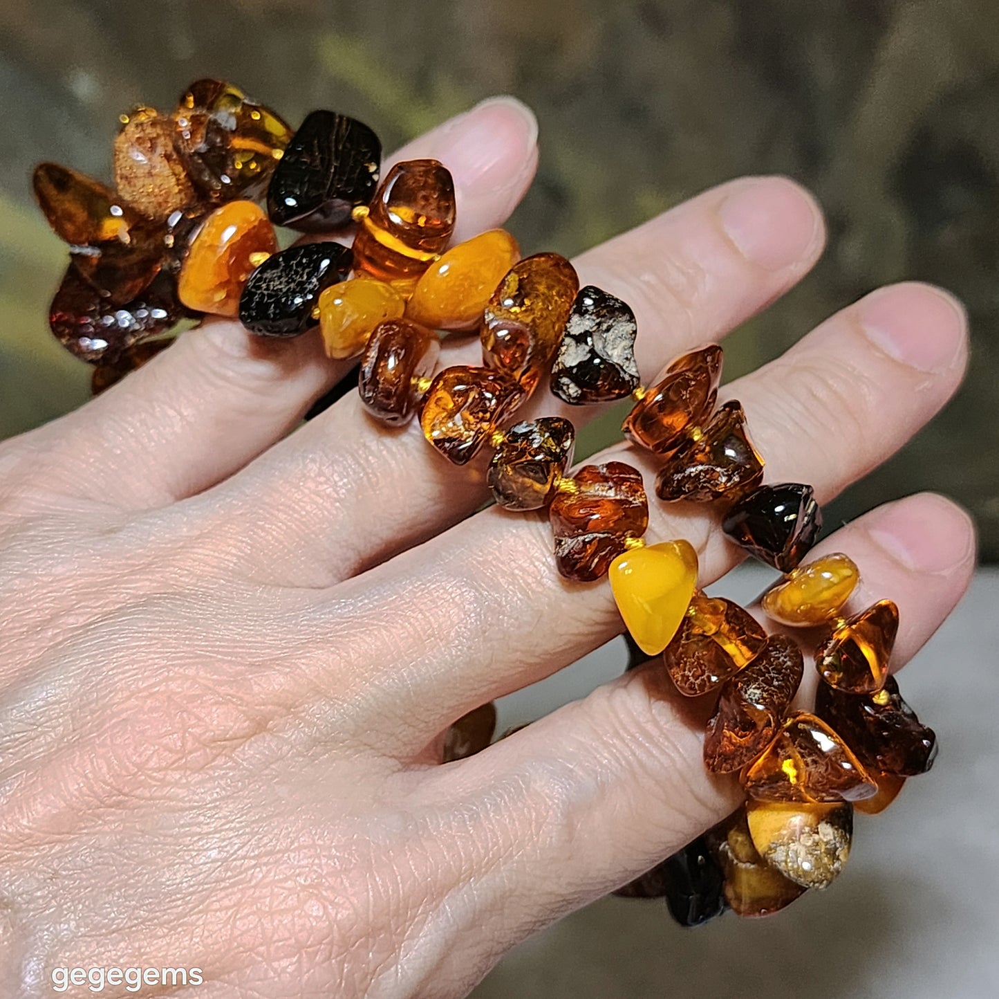 Gegegems Collection 39g premium Baltic wine red & golden yellow Amber and Butterscotch Amber freeform progressive size necklace 精品天然波罗的海酒紅金黄琥珀蜜蜡塔链項链