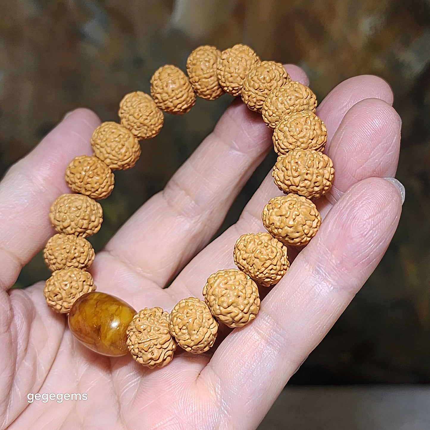 12.5mm+ premium natural "Panlong" (Coiling Dragon) 7 Mukhi (faces) small species Rudraksha with an aged Butterscotch Amber barrel bead "18 beads" bracelet 七瓣盘龙小金刚菩提子配老蜜蜡桶珠十八子手链