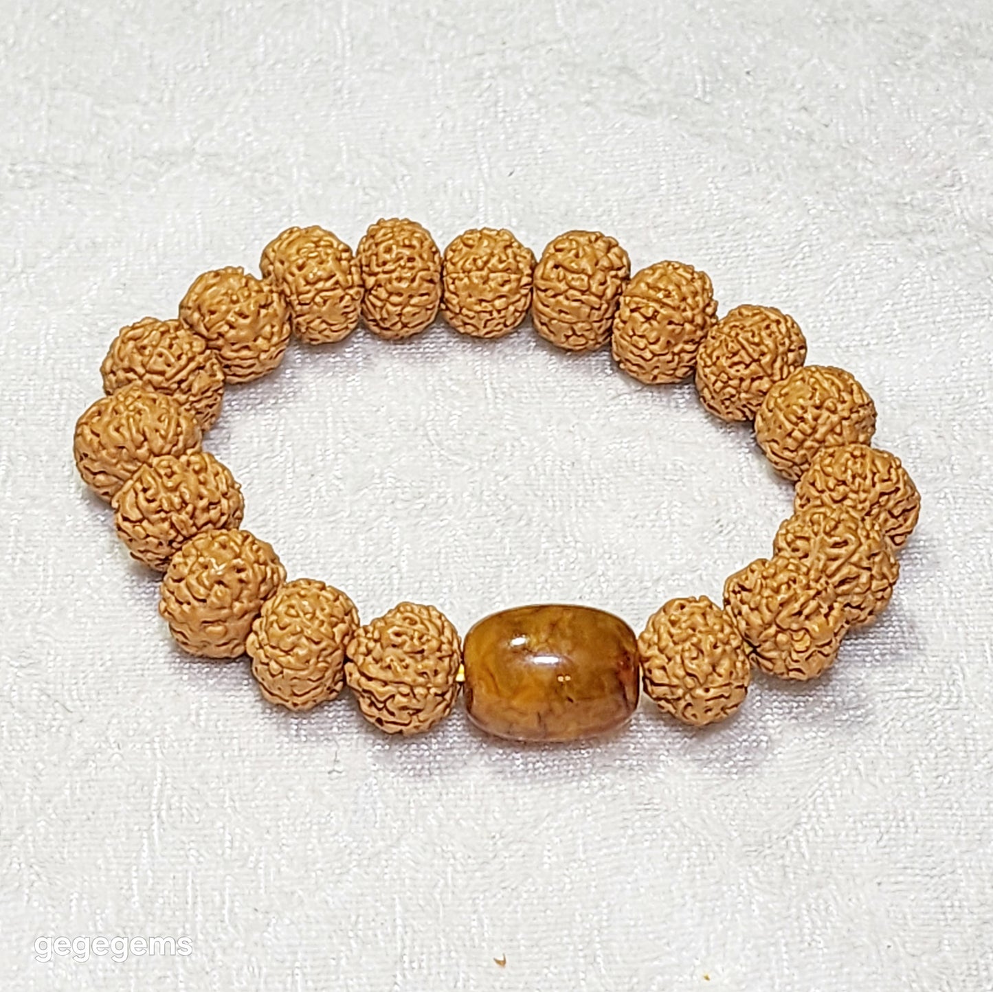 12.5mm+ premium natural "Panlong" (Coiling Dragon) 7 Mukhi (faces) small species Rudraksha with an aged Butterscotch Amber barrel bead "18 beads" bracelet 七瓣盘龙小金刚菩提子配老蜜蜡桶珠十八子手链