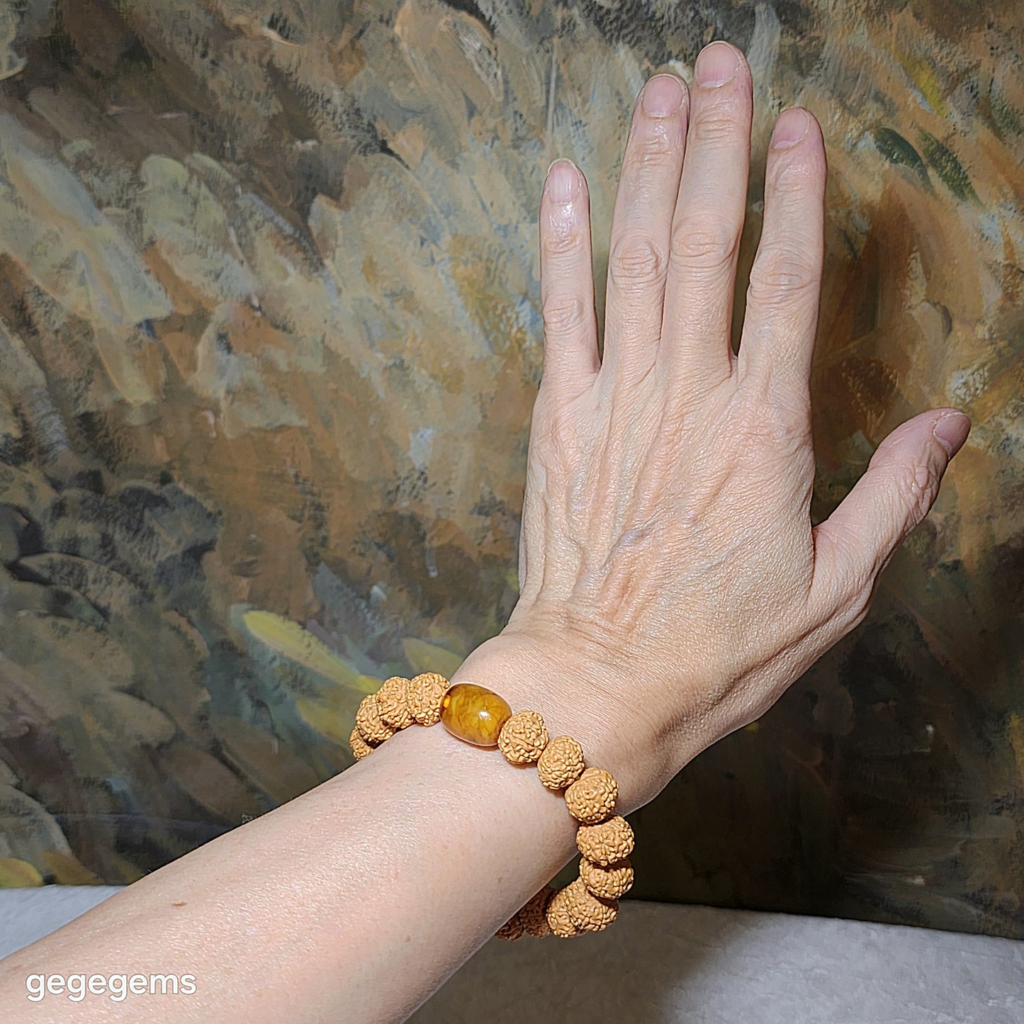 12.5mm+ premium natural "Panlong" (Coiling Dragon) 7 Mukhi (faces) small species Rudraksha with an aged Butterscotch Amber barrel bead "18 beads" bracelet 七瓣盘龙小金刚菩提子配老蜜蜡桶珠十八子手链