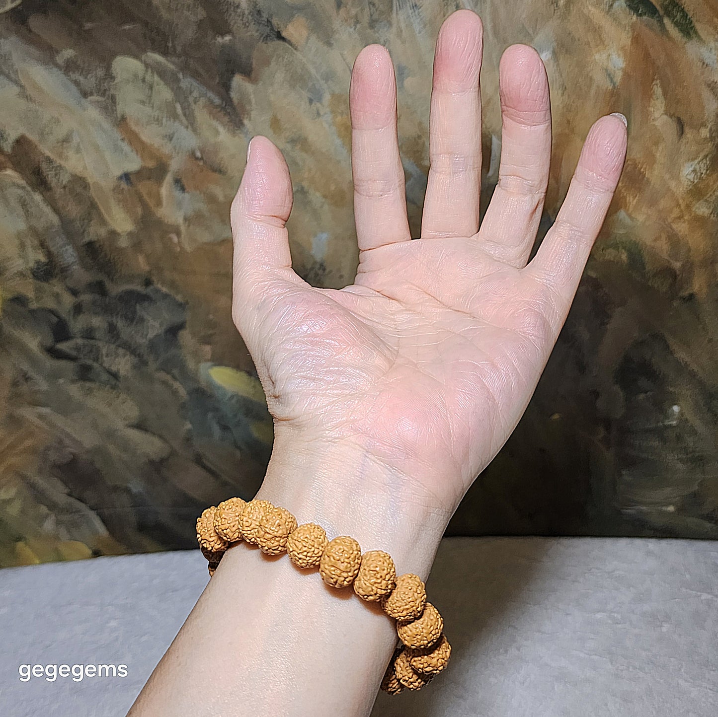 12.5mm+ premium natural "Panlong" (Coiling Dragon) 7 Mukhi (faces) small species Rudraksha with an aged Butterscotch Amber barrel bead "18 beads" bracelet 七瓣盘龙小金刚菩提子配老蜜蜡桶珠十八子手链