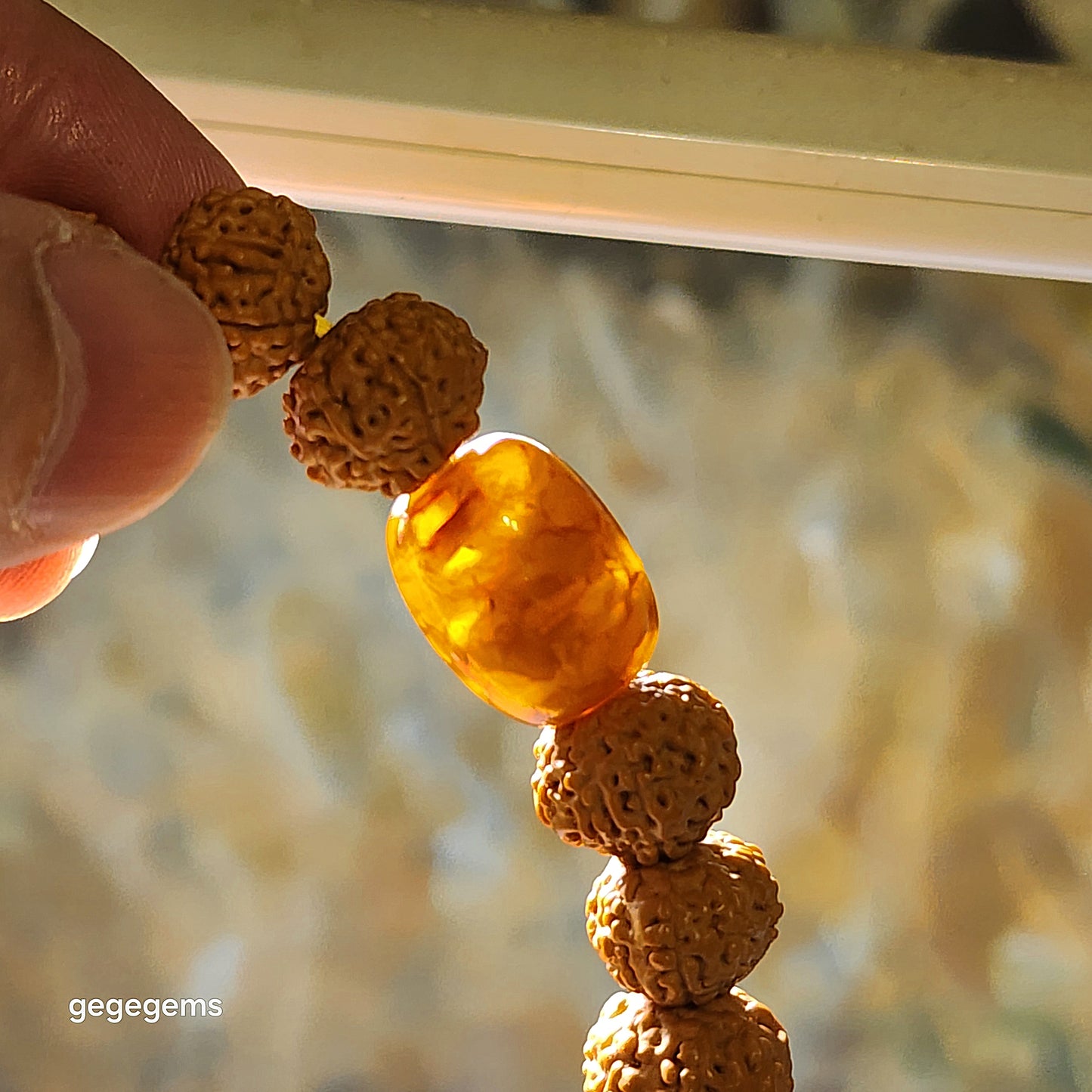 12.5mm+ premium natural "Panlong" (Coiling Dragon) 7 Mukhi (faces) small species Rudraksha with an aged Butterscotch Amber barrel bead "18 beads" bracelet 七瓣盘龙小金刚菩提子配老蜜蜡桶珠十八子手链
