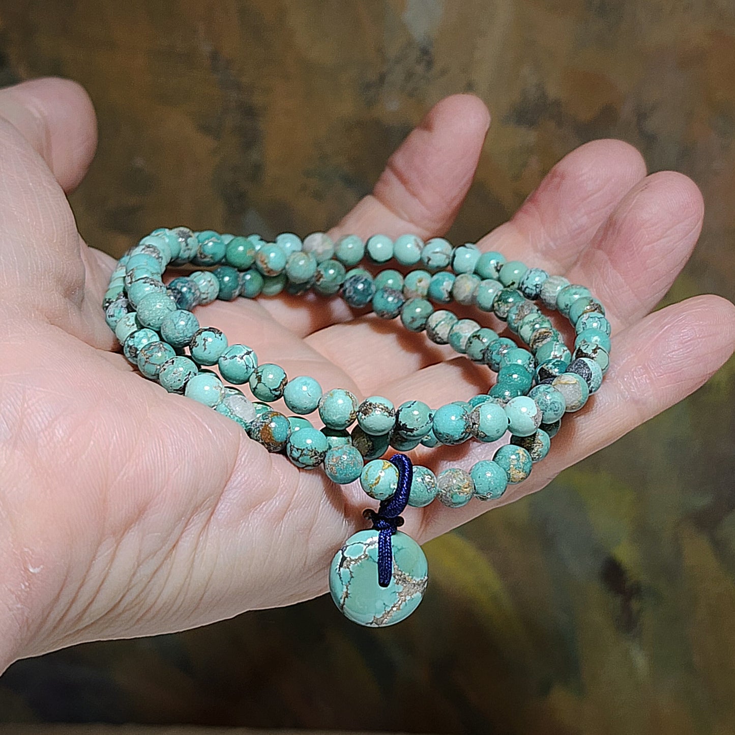 Premium natural untreated greenish blue Hubei Turquoise necklace multi loops bracelet (5.5mm+ beads and a 14mm Donut) 天然原矿湖北松石绿蓝圆珠平安扣项链多圈手链