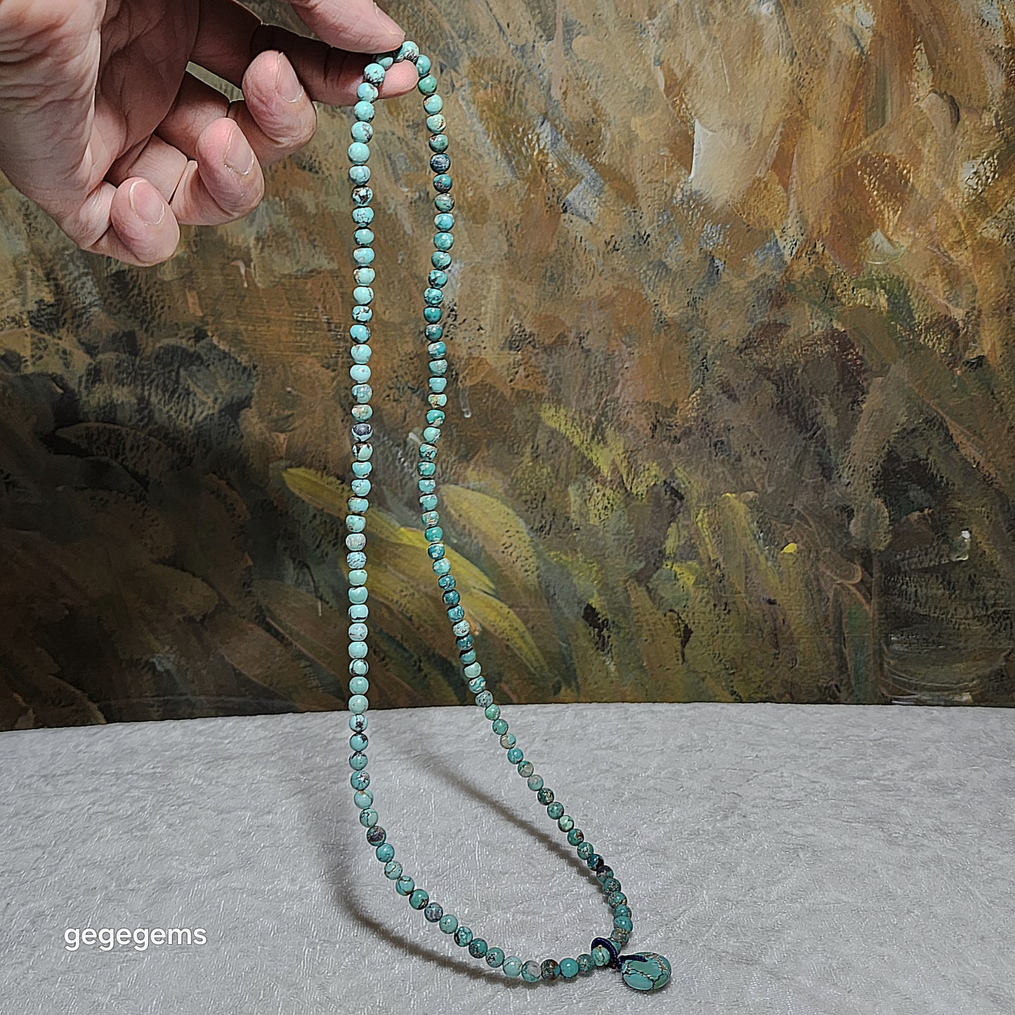 Premium natural untreated greenish blue Hubei Turquoise necklace multi loops bracelet (5.5mm+ beads and a 14mm Donut) 天然原矿湖北松石绿蓝圆珠平安扣项链多圈手链