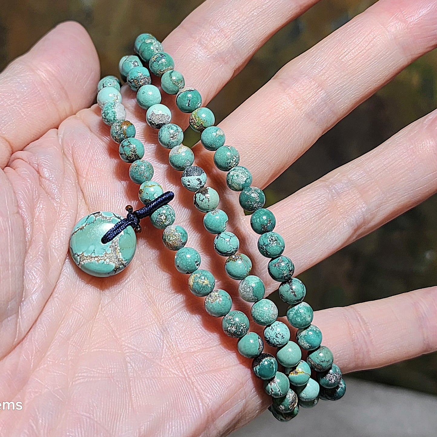 Premium natural untreated greenish blue Hubei Turquoise necklace multi loops bracelet (5.5mm+ beads and a 14mm Donut) 天然原矿湖北松石绿蓝圆珠平安扣项链多圈手链