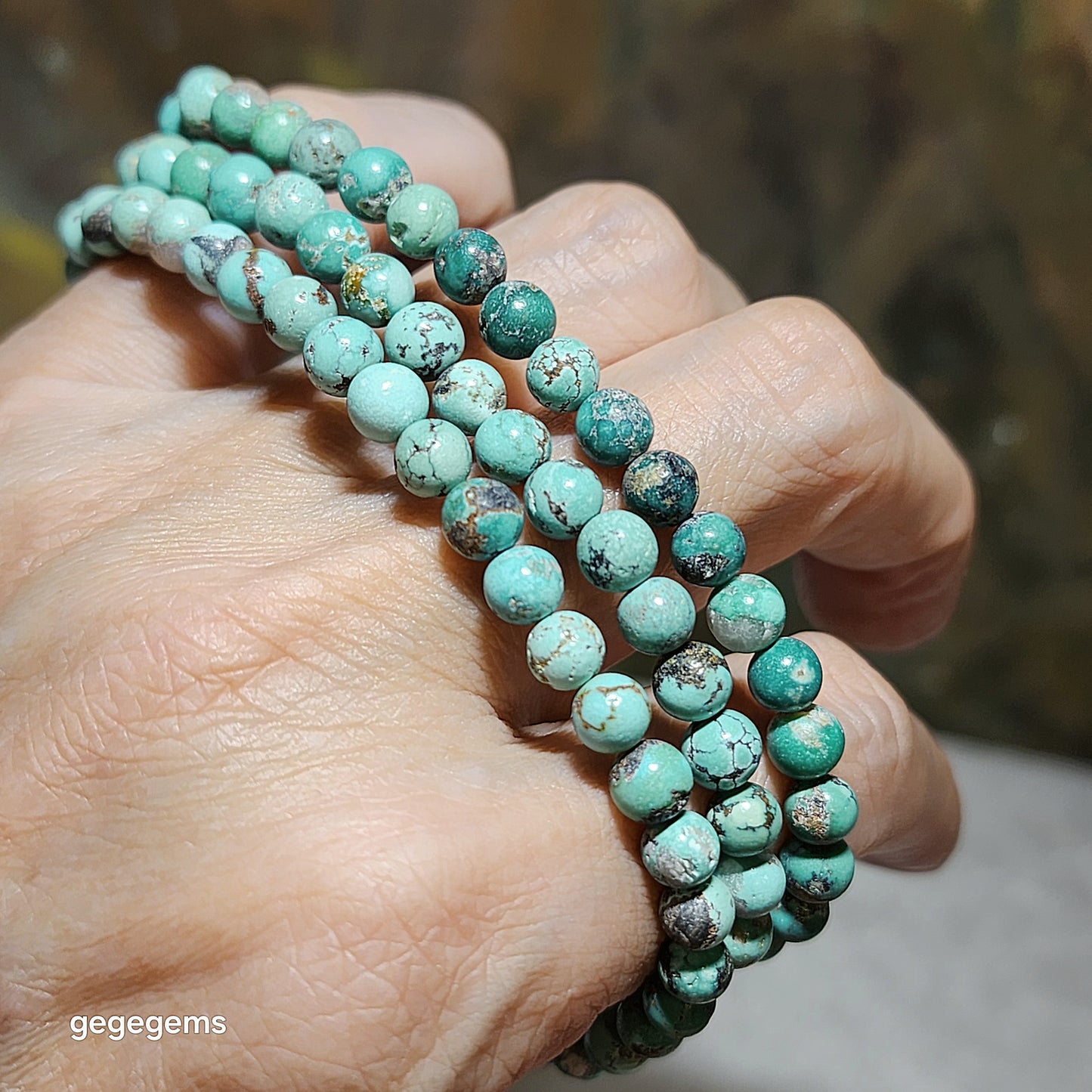 Premium natural untreated greenish blue Hubei Turquoise necklace multi loops bracelet (5.5mm+ beads and a 14mm Donut) 天然原矿湖北松石绿蓝圆珠平安扣项链多圈手链