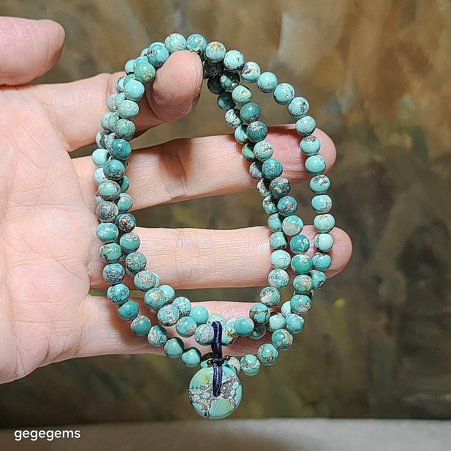 Premium natural untreated greenish blue Hubei Turquoise necklace multi loops bracelet (5.5mm+ beads and a 14mm Donut) 天然原矿湖北松石绿蓝圆珠平安扣项链多圈手链