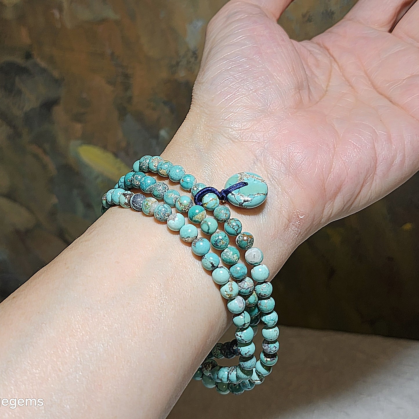 Premium natural untreated greenish blue Hubei Turquoise necklace multi loops bracelet (5.5mm+ beads and a 14mm Donut) 天然原矿湖北松石绿蓝圆珠平安扣项链多圈手链