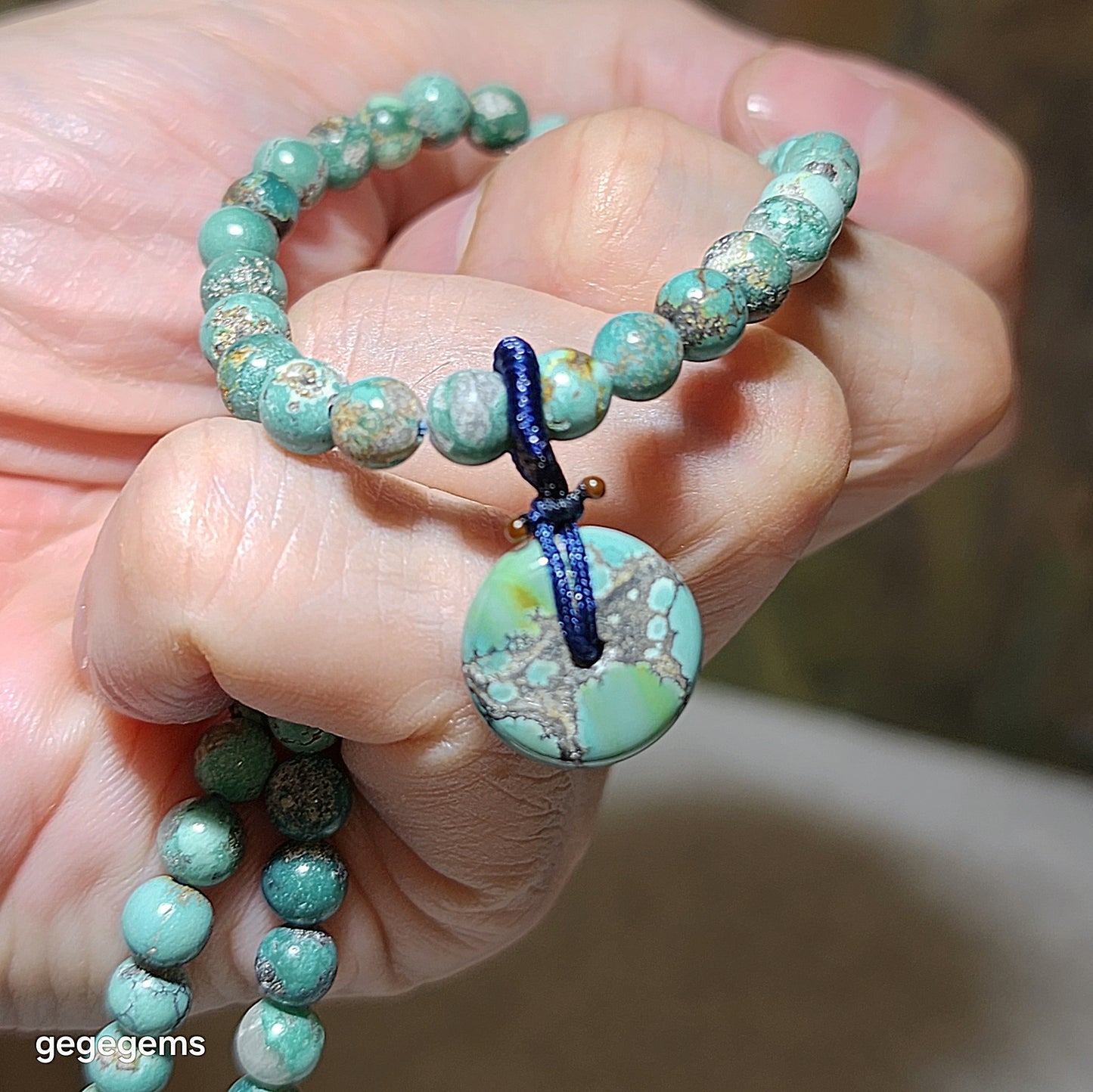 Premium natural untreated greenish blue Hubei Turquoise necklace multi loops bracelet (5.5mm+ beads and a 14mm Donut) 天然原矿湖北松石绿蓝圆珠平安扣项链多圈手链