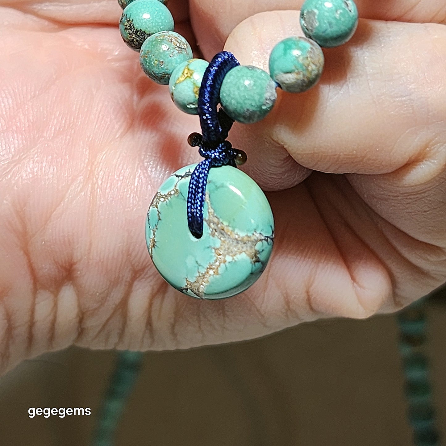 Premium natural untreated greenish blue Hubei Turquoise necklace multi loops bracelet (5.5mm+ beads and a 14mm Donut) 天然原矿湖北松石绿蓝圆珠平安扣项链多圈手链