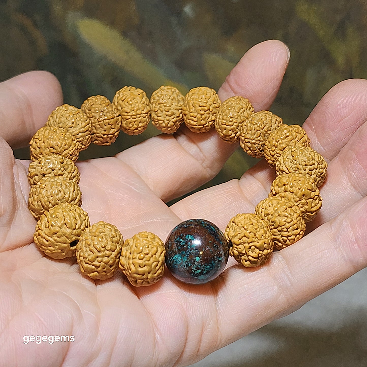 14mm+ premium natural "Panlong" (Coiling Dragon) 10 Mukhi (faces) small species Rudraksha with a 16mm Chrysocolla "18 beads mala" bracelet 十瓣盘龙小金刚菩提子配凤凰松石(硅孔雀石)十八子手链
