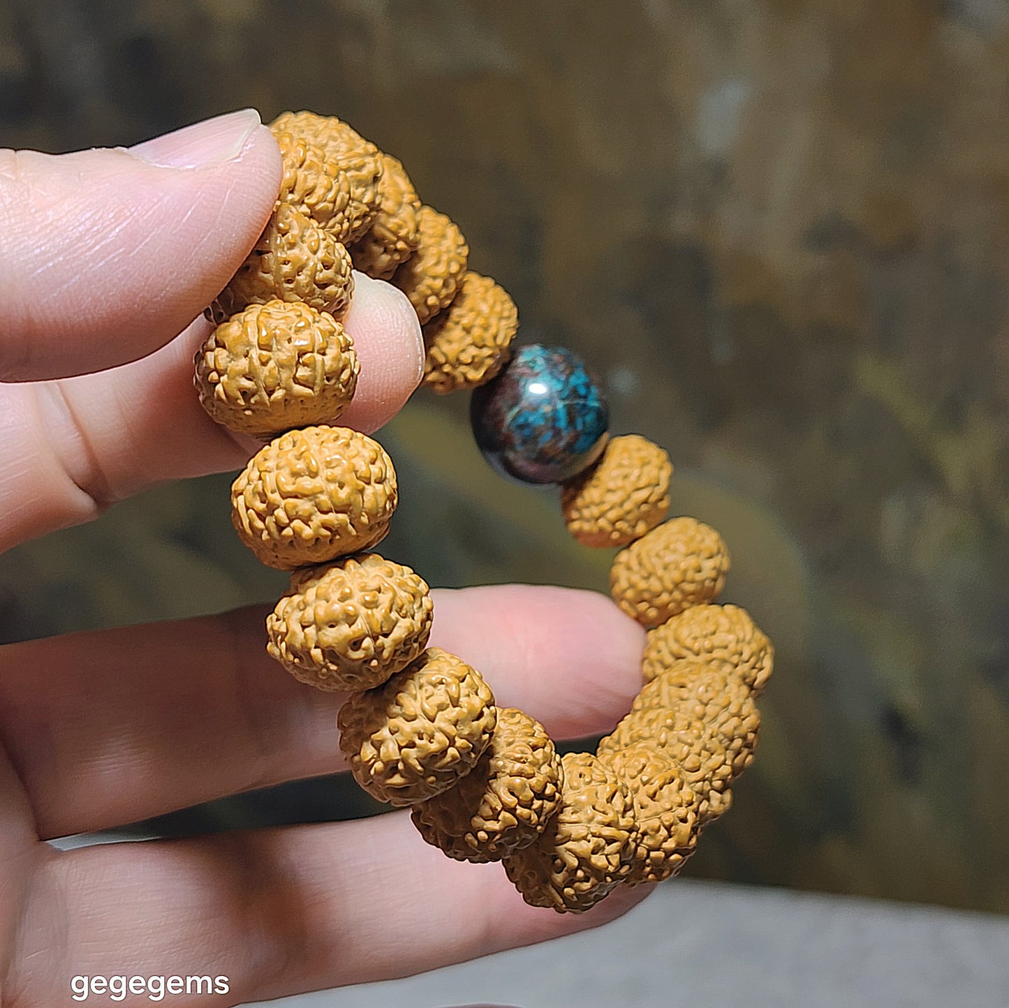 14mm+ premium natural "Panlong" (Coiling Dragon) 10 Mukhi (faces) small species Rudraksha with a 16mm Chrysocolla "18 beads mala" bracelet 十瓣盘龙小金刚菩提子配凤凰松石(硅孔雀石)十八子手链