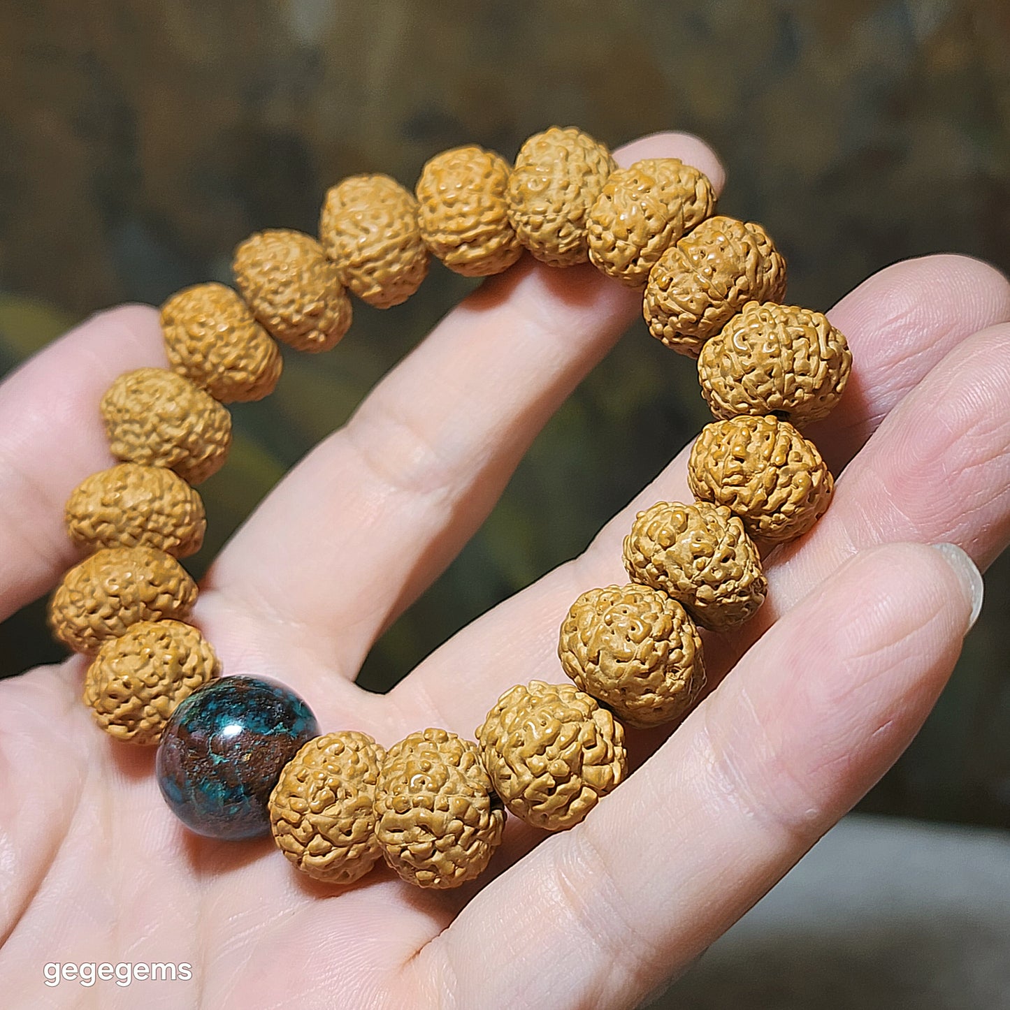14mm+ premium natural "Panlong" (Coiling Dragon) 10 Mukhi (faces) small species Rudraksha with a 16mm Chrysocolla "18 beads mala" bracelet 十瓣盘龙小金刚菩提子配凤凰松石(硅孔雀石)十八子手链