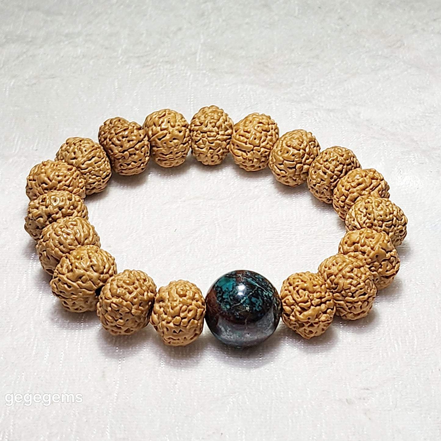 14mm+ premium natural "Panlong" (Coiling Dragon) 10 Mukhi (faces) small species Rudraksha with a 16mm Chrysocolla "18 beads mala" bracelet 十瓣盘龙小金刚菩提子配凤凰松石(硅孔雀石)十八子手链