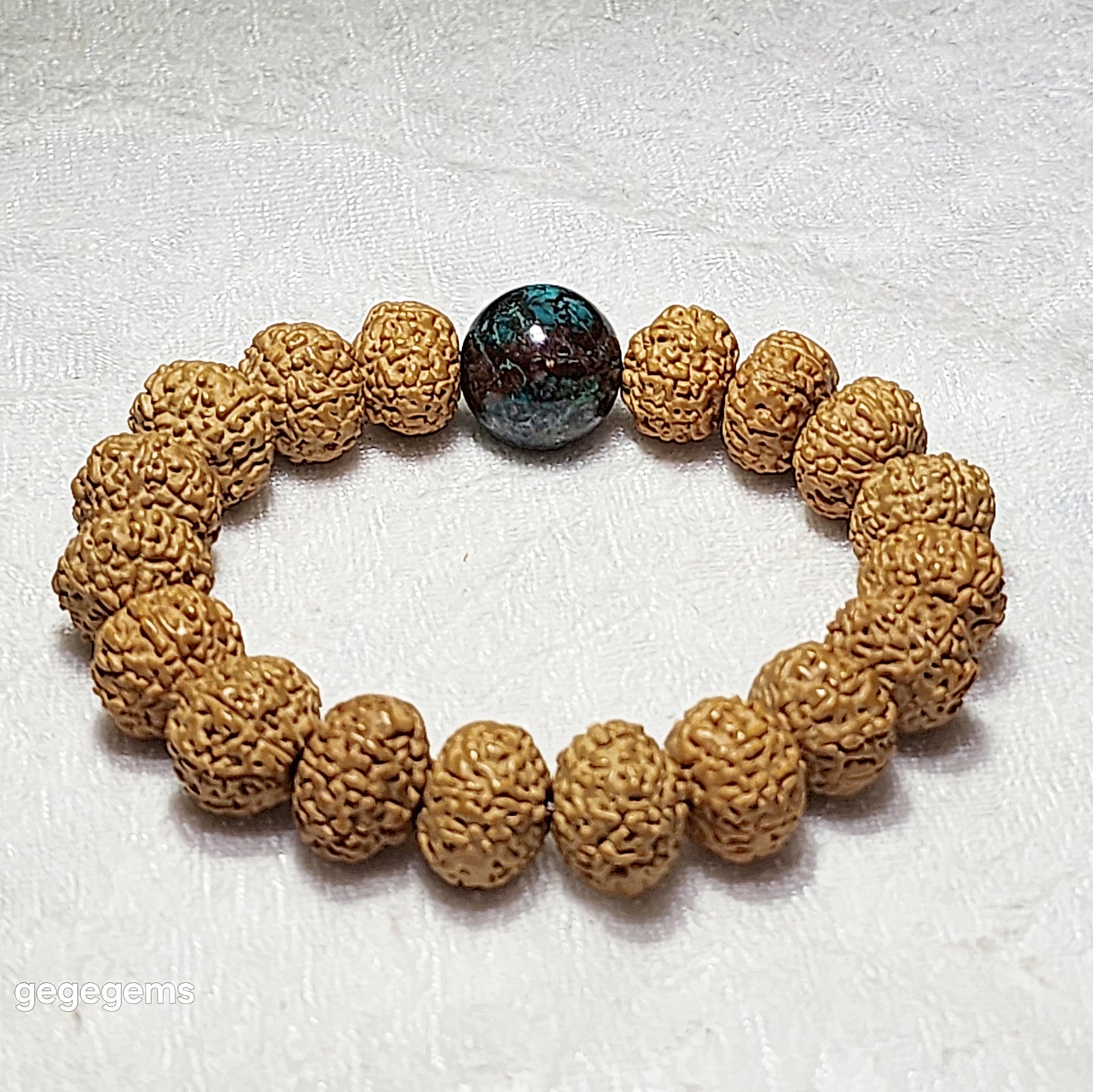 14mm+ premium natural "Panlong" (Coiling Dragon) 10 Mukhi (faces) small species Rudraksha with a 16mm Chrysocolla "18 beads mala" bracelet 十瓣盘龙小金刚菩提子配凤凰松石(硅孔雀石)十八子手链