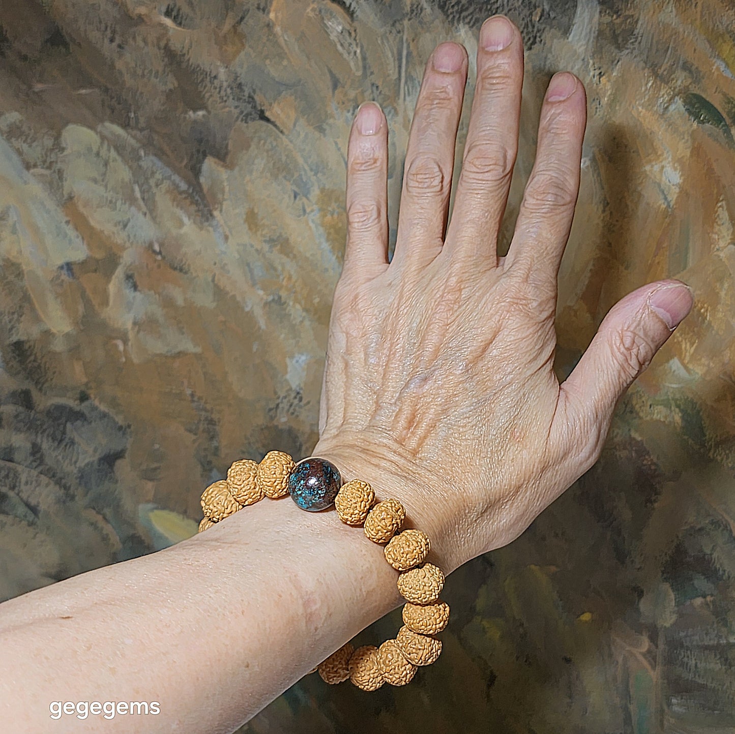 14mm+ premium natural "Panlong" (Coiling Dragon) 10 Mukhi (faces) small species Rudraksha with a 16mm Chrysocolla "18 beads mala" bracelet 十瓣盘龙小金刚菩提子配凤凰松石(硅孔雀石)十八子手链