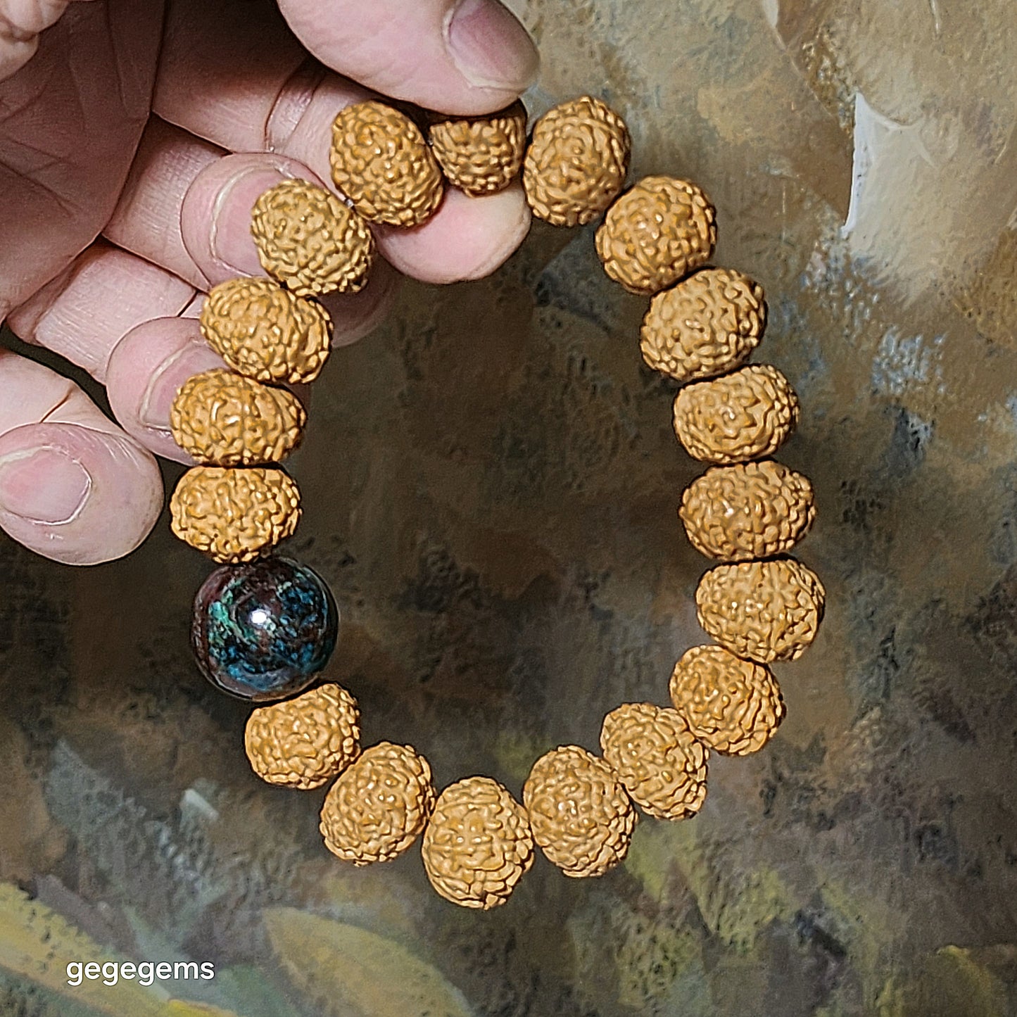 14mm+ premium natural "Panlong" (Coiling Dragon) 10 Mukhi (faces) small species Rudraksha with a 16mm Chrysocolla "18 beads mala" bracelet 十瓣盘龙小金刚菩提子配凤凰松石(硅孔雀石)十八子手链