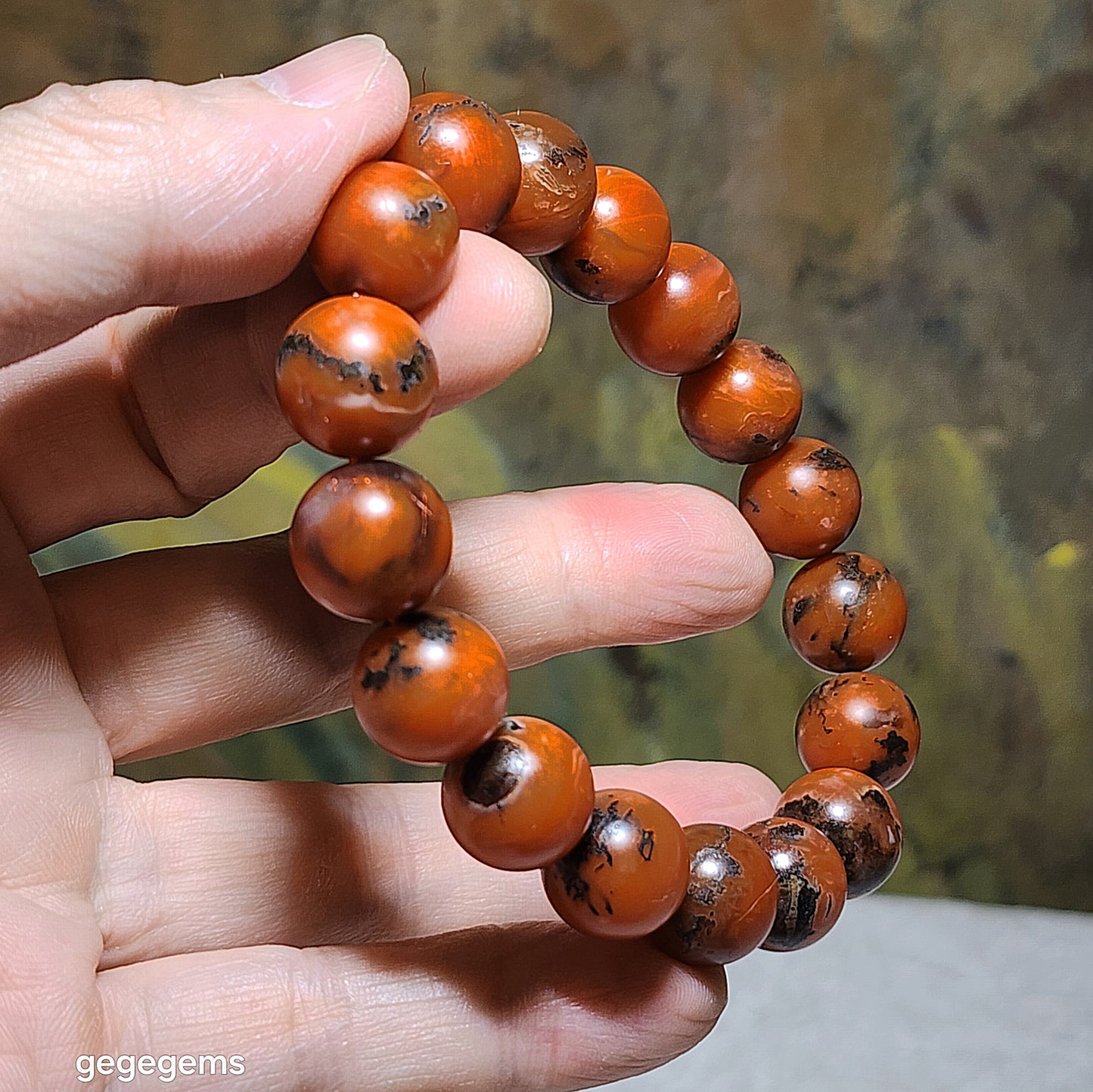 13mm+ Premium Baoshan Nan Hong deep persimmon red with stone skin bracelet 优质保山南红深柿子带铁皮手链