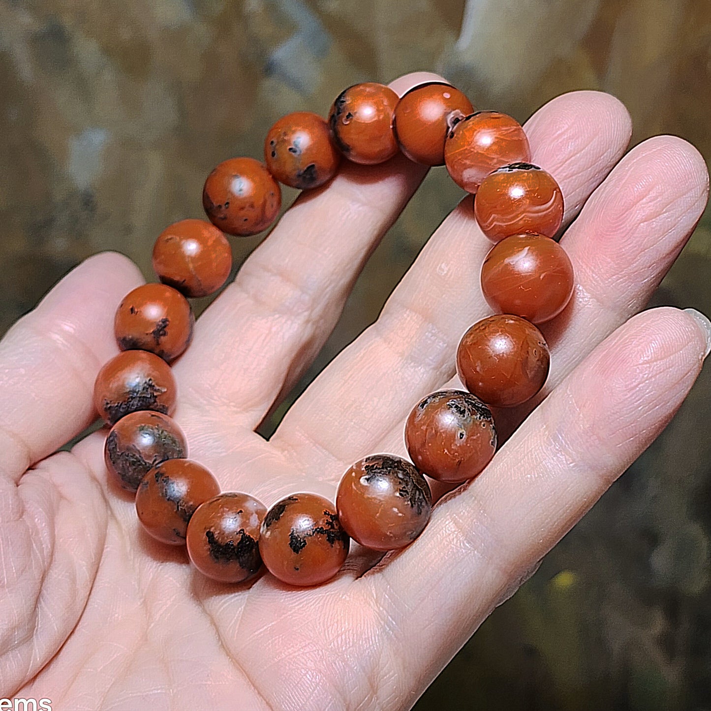 13mm+ Premium Baoshan Nan Hong deep persimmon red with stone skin bracelet 优质保山南红深柿子带铁皮手链
