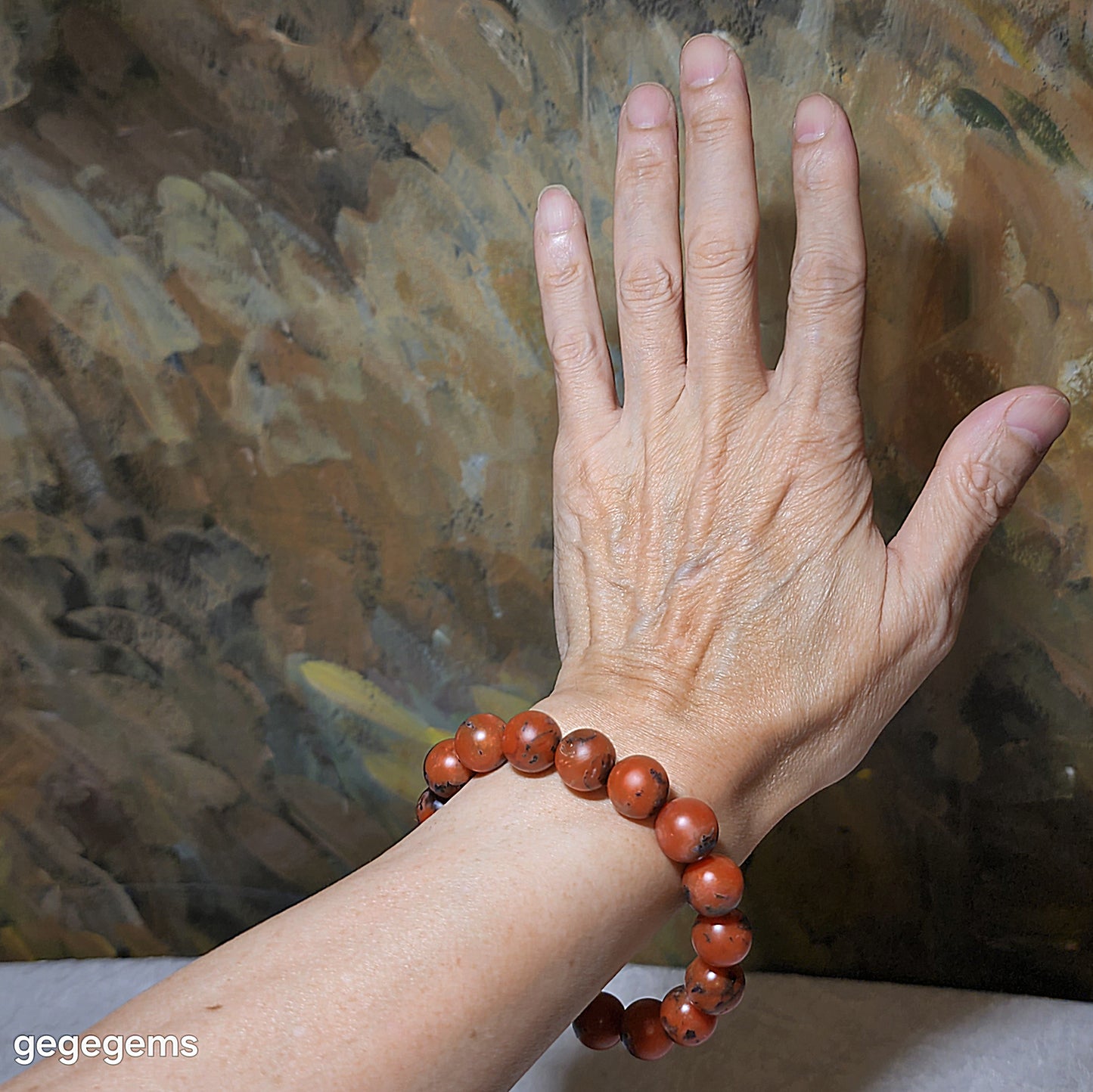 13mm+ Premium Baoshan Nan Hong deep persimmon red with stone skin bracelet 优质保山南红深柿子带铁皮手链