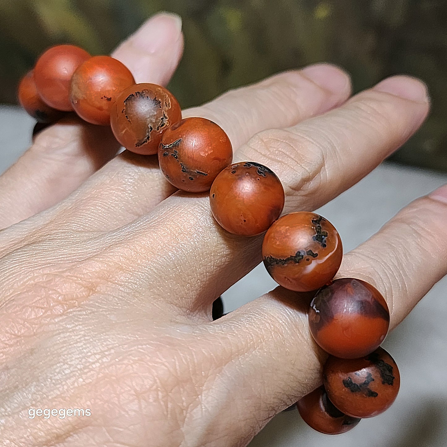 13mm+ Premium Baoshan Nan Hong deep persimmon red with stone skin bracelet 优质保山南红深柿子带铁皮手链