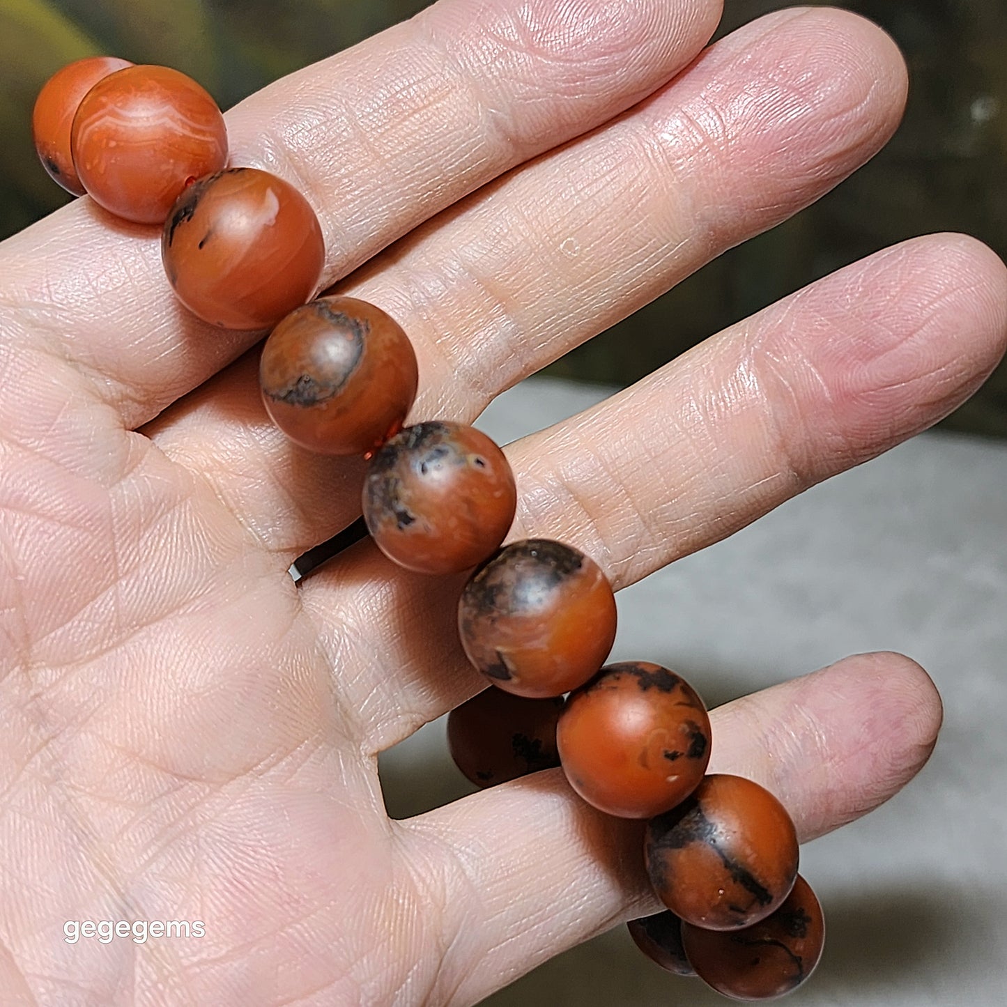 13mm+ Premium Baoshan Nan Hong deep persimmon red with stone skin bracelet 优质保山南红深柿子带铁皮手链