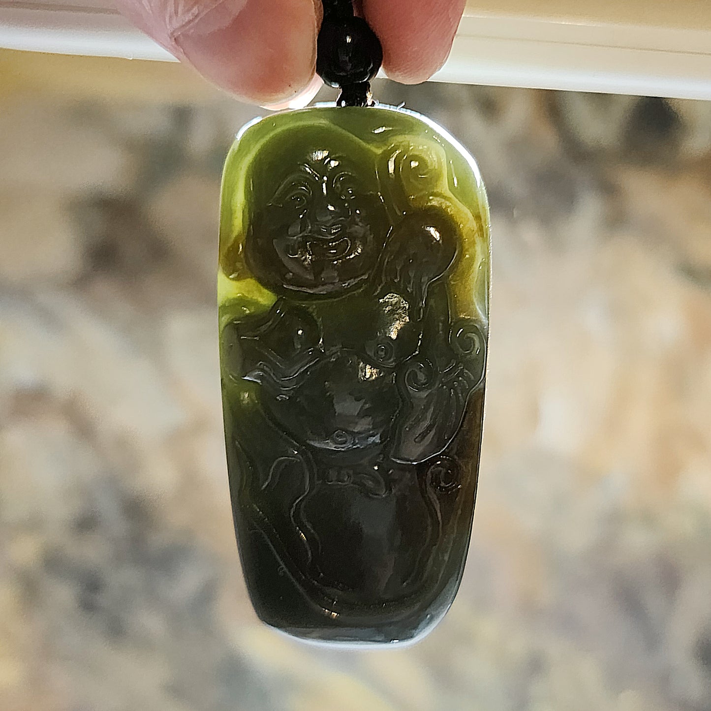 67 grams Premium Nephrite green with caramel brown Laughing Buddha Jade handheld/large pendant (with certificate) 67克优质且末和田玉绿带糖笑佛弥勒佛手把/大吊坠(带证书)