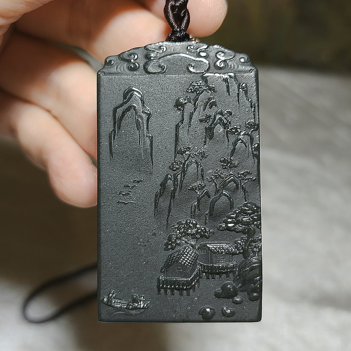 Premium Nephrite deep green Landscape 2 sides carvings pendant (with certificate) 精品和田玉塔青深绿双面雕刻山水吊坠(带证书)