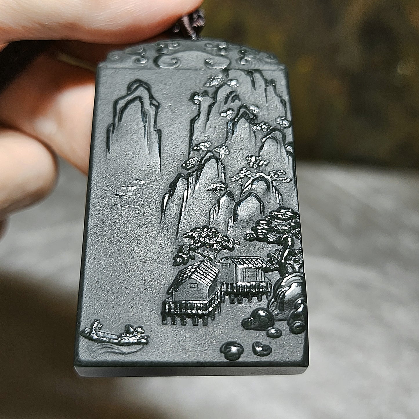 Premium Nephrite deep green Landscape 2 sides carvings pendant (with certificate) 精品和田玉塔青深绿双面雕刻山水吊坠(带证书)