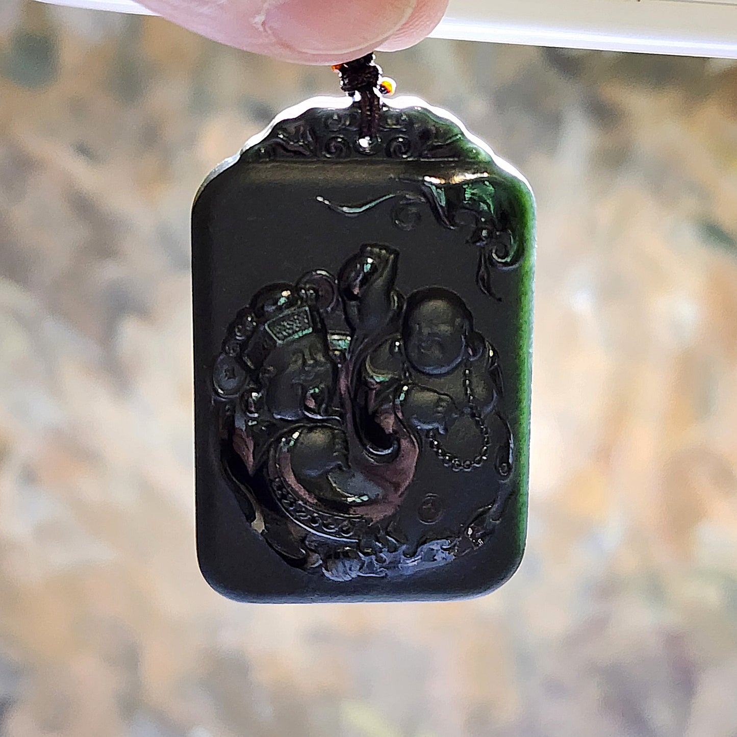 Premium Nephrite deep green as if ink black double sides cravings Laughing Buddha, God of Wealth in Chinese "财富双全" matte and glossy polished Jade pendant (with certificate) 精品和田玉塔青墨绿如黑柔光加亮光双面雕刻弥勒笑佛财神“财富双全”吊坠(带证书)