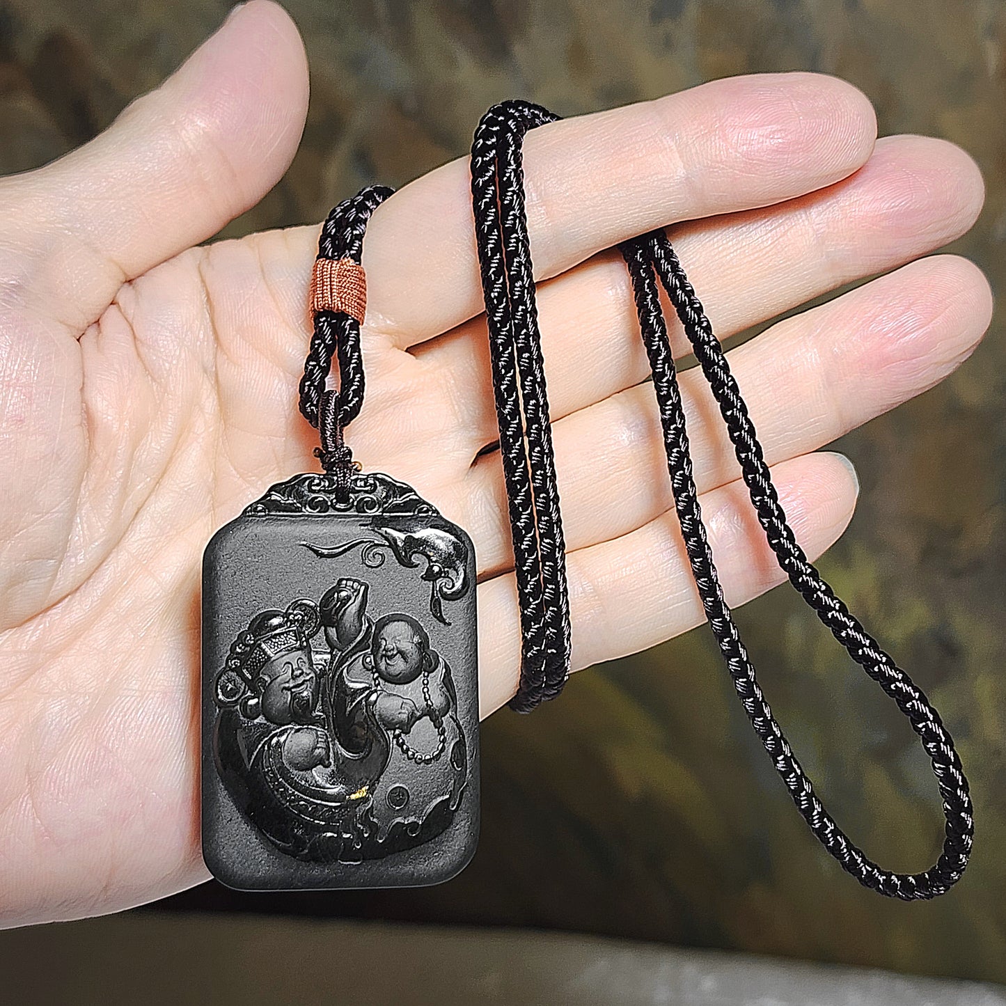 Premium Nephrite deep green as if ink black double sides cravings Laughing Buddha, God of Wealth in Chinese "财富双全" matte and glossy polished Jade pendant (with certificate) 精品和田玉塔青墨绿如黑柔光加亮光双面雕刻弥勒笑佛财神“财富双全”吊坠(带证书)