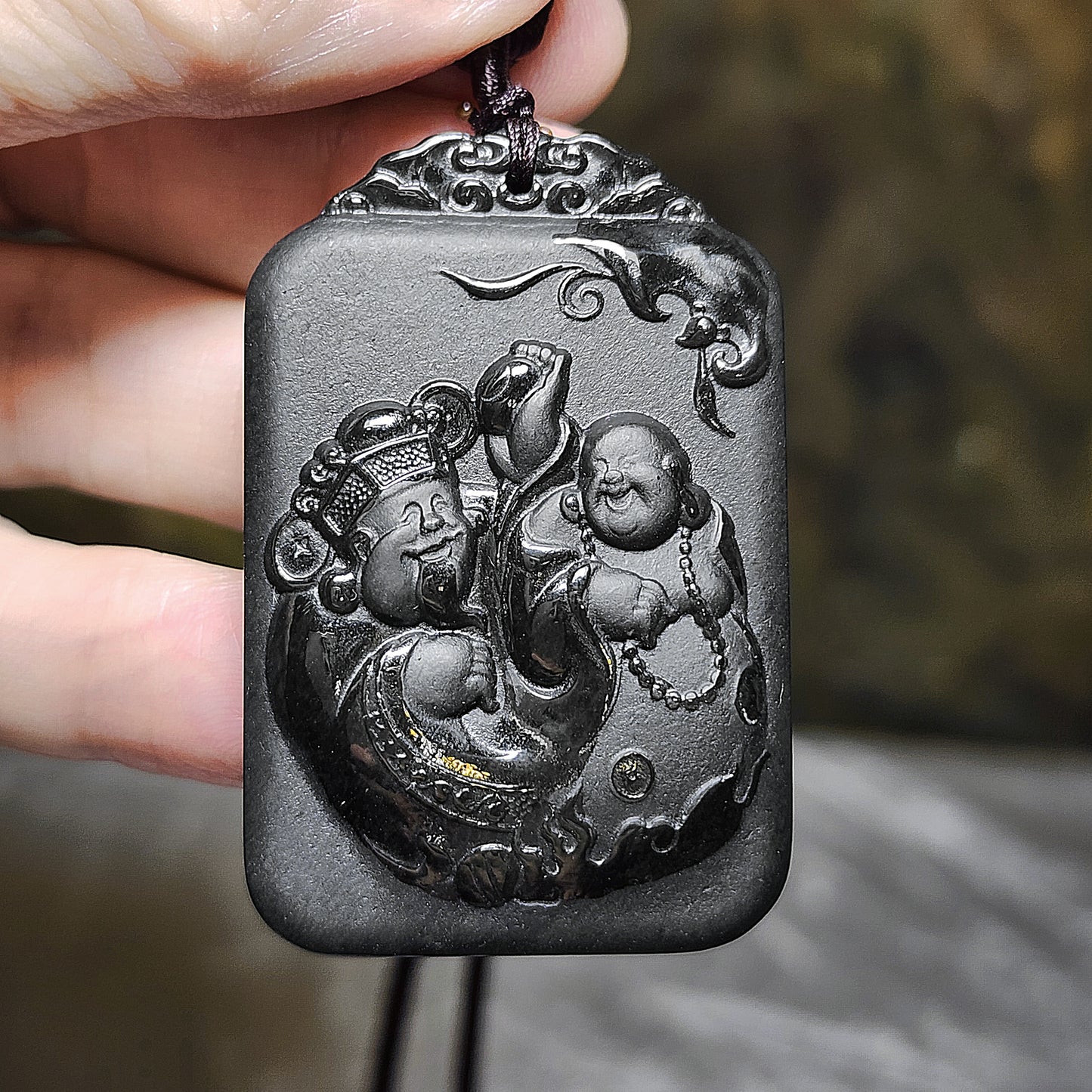 Premium Nephrite deep green as if ink black double sides cravings Laughing Buddha, God of Wealth in Chinese "财富双全" matte and glossy polished Jade pendant (with certificate) 精品和田玉塔青墨绿如黑柔光加亮光双面雕刻弥勒笑佛财神“财富双全”吊坠(带证书)