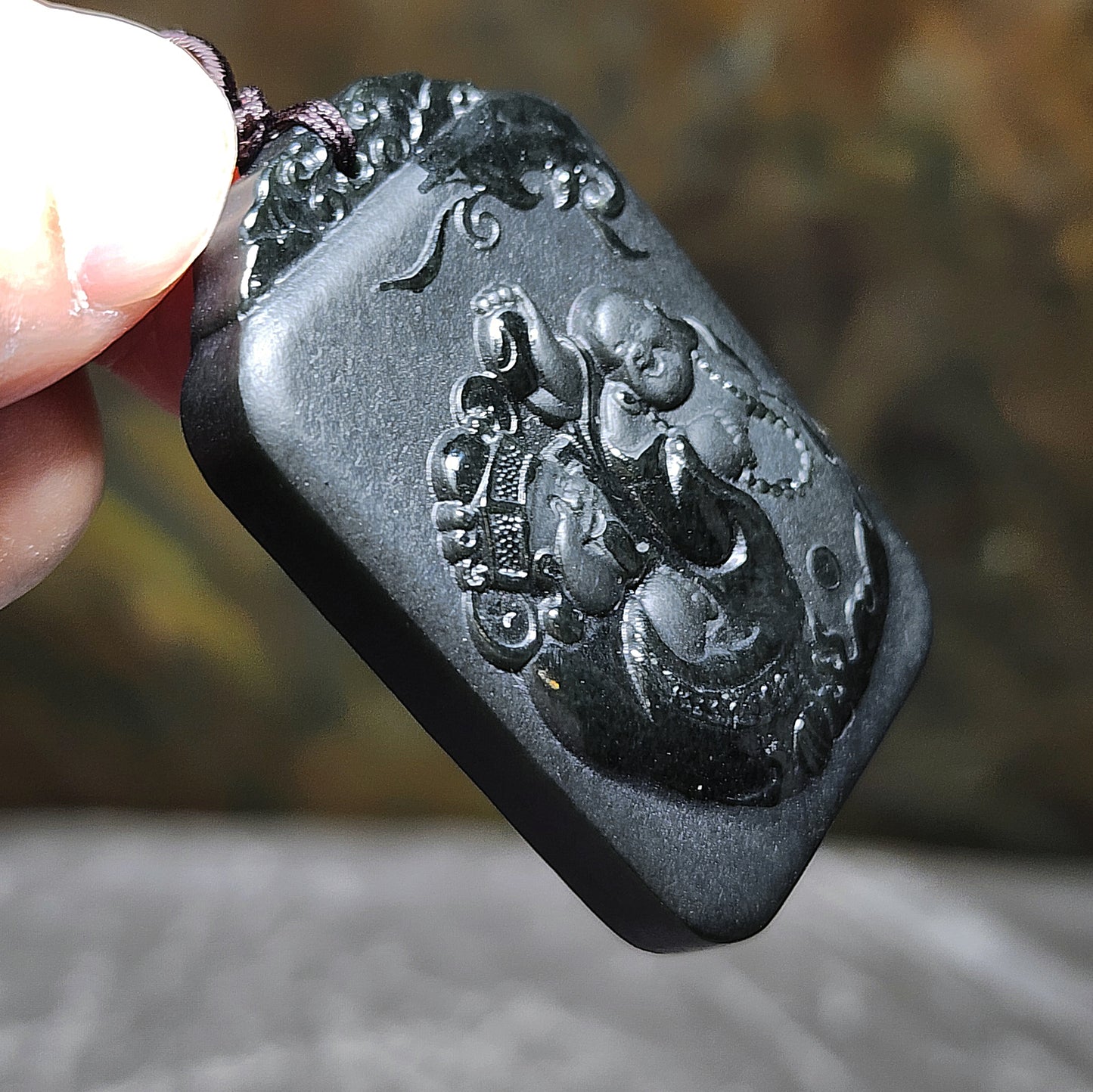 Premium Nephrite deep green as if ink black double sides cravings Laughing Buddha, God of Wealth in Chinese "财富双全" matte and glossy polished Jade pendant (with certificate) 精品和田玉塔青墨绿如黑柔光加亮光双面雕刻弥勒笑佛财神“财富双全”吊坠(带证书)